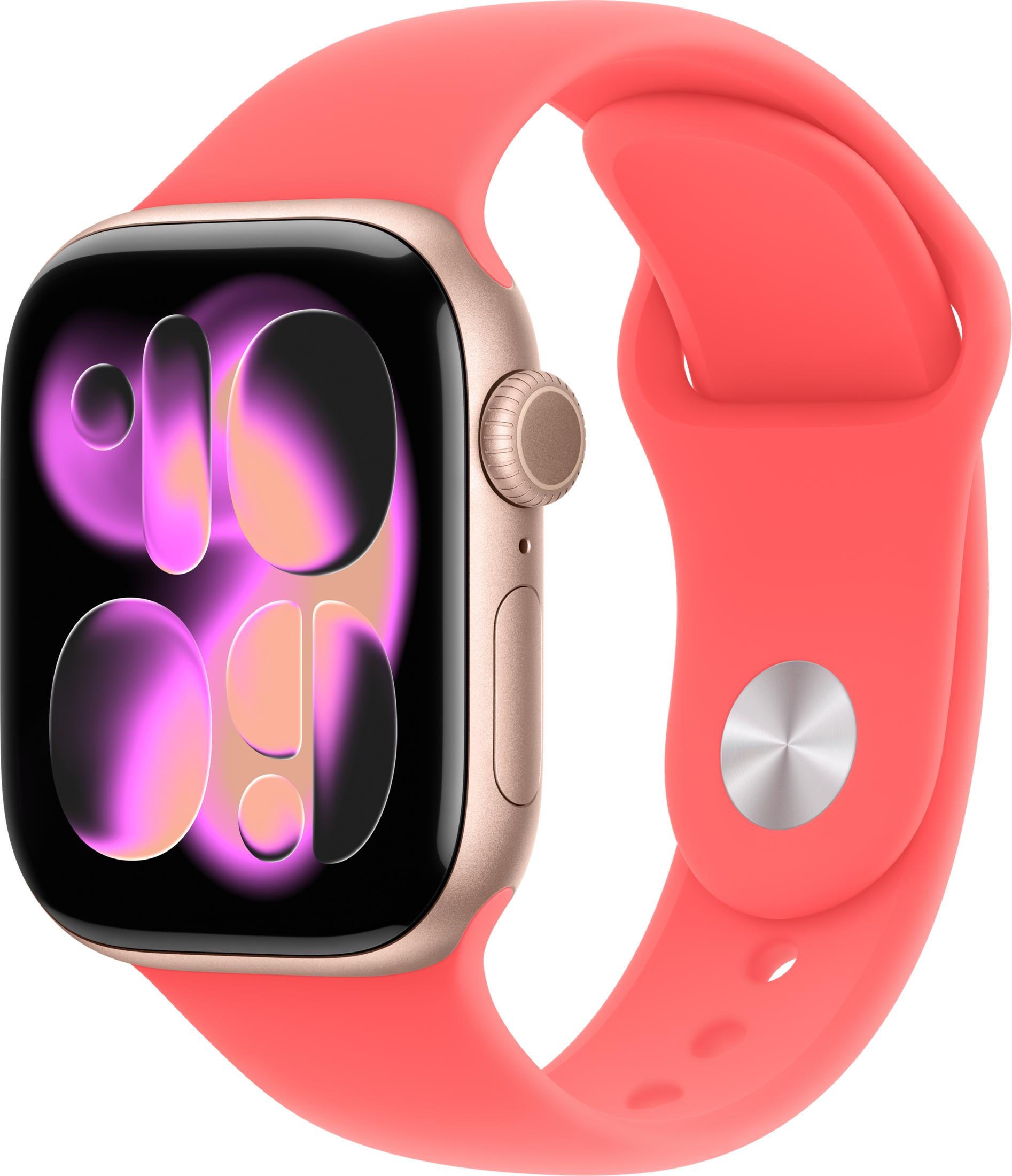Uno smartwatch rosa con un quadrante viola astratto e vivace e un cinturino in silicone.