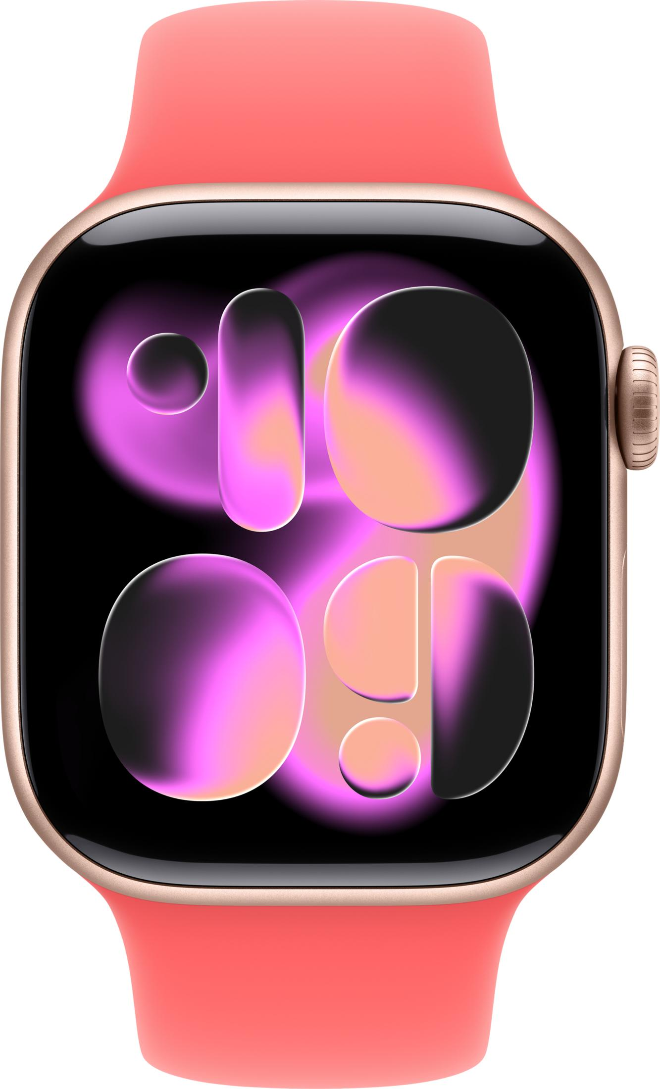 Uno smartwatch rosa con quadrante astratto rosa e nero e cinturino in silicone.