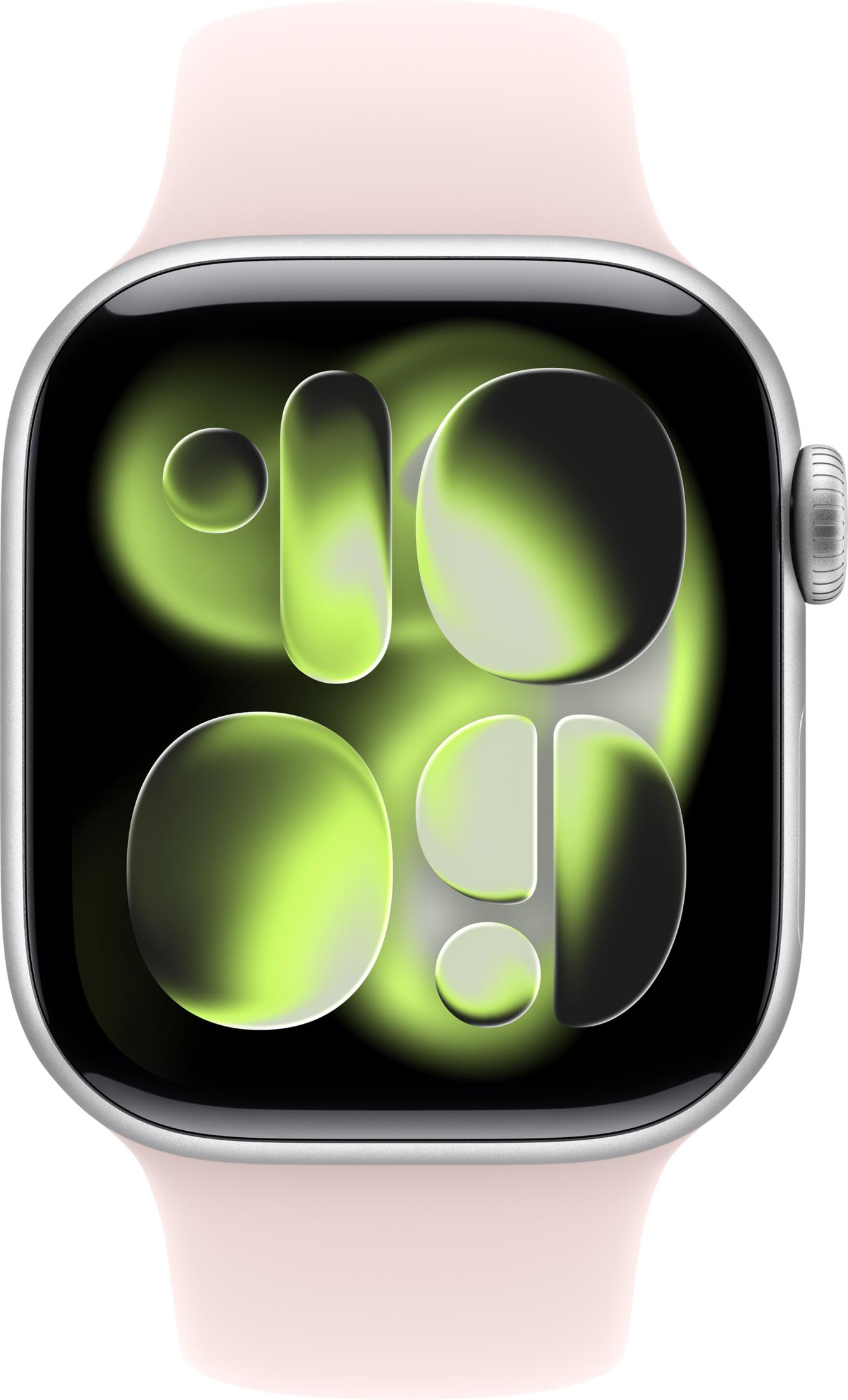 Smartwatch con cinturino rosa e quadrante digitale verde e nero che mostra le 10:08.