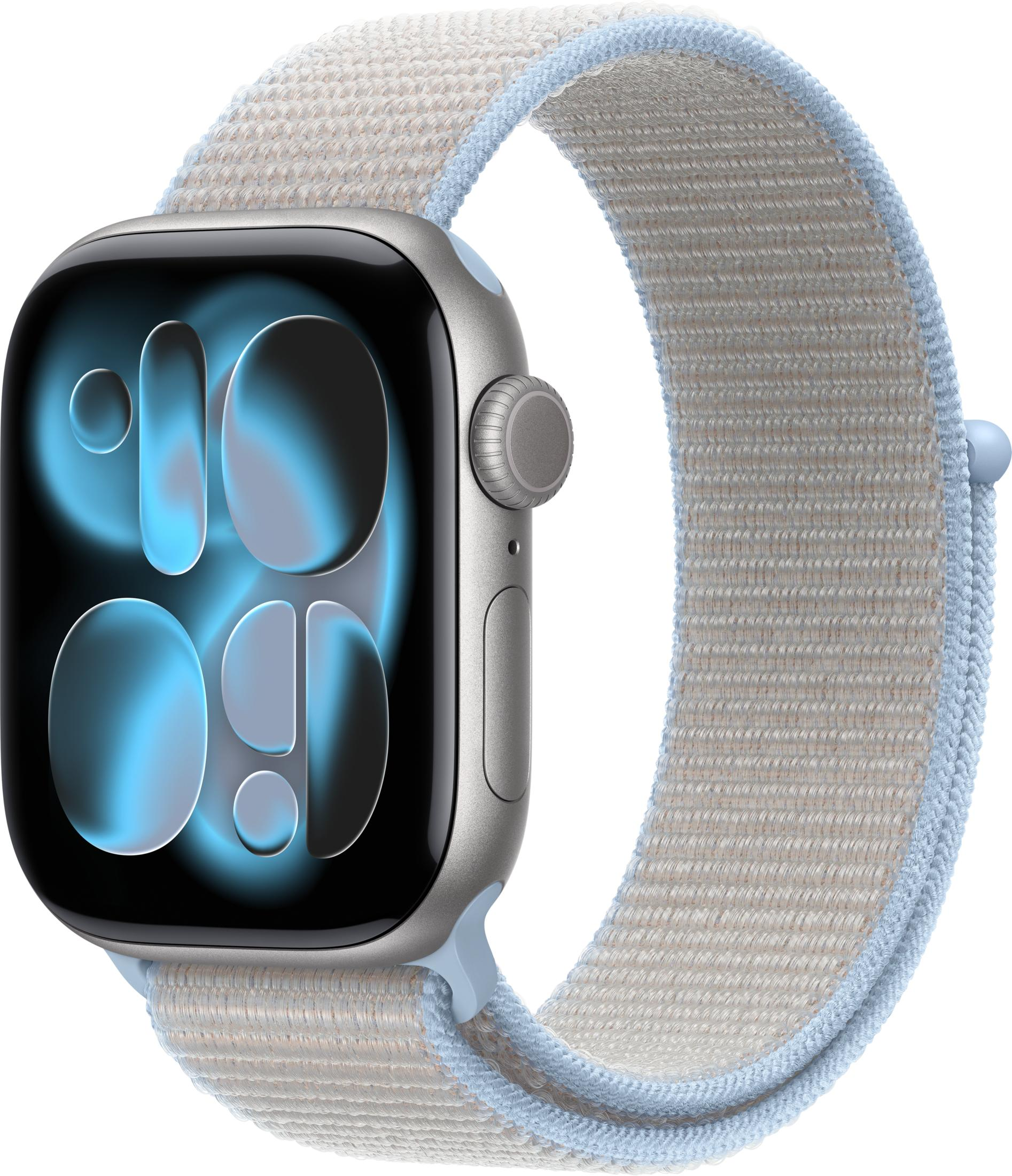 Smartwatch argento con schermo blu e cinturino intrecciato azzurro e beige.