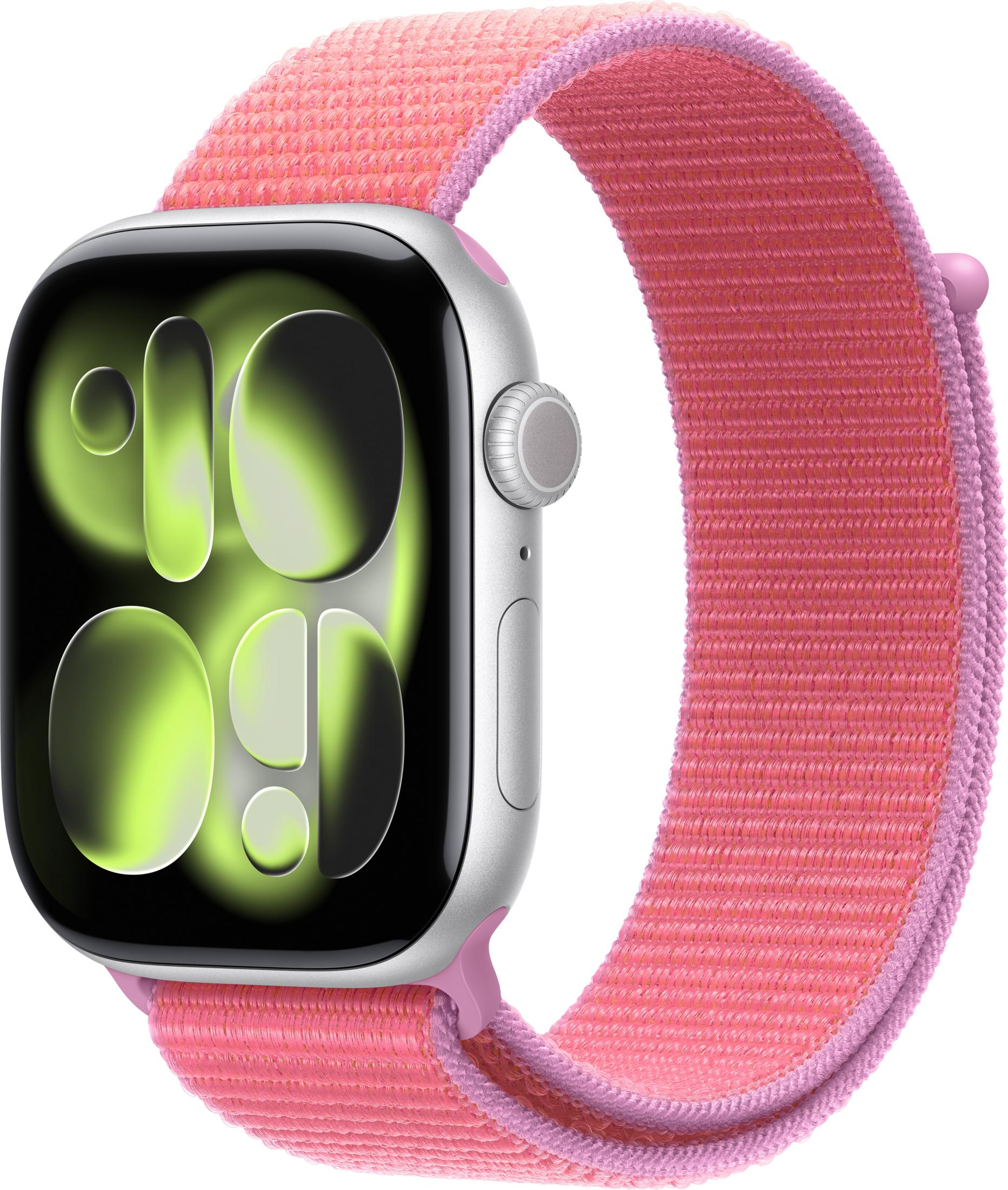 Uno smartwatch argento con cinturino in nylon rosa e display verde.