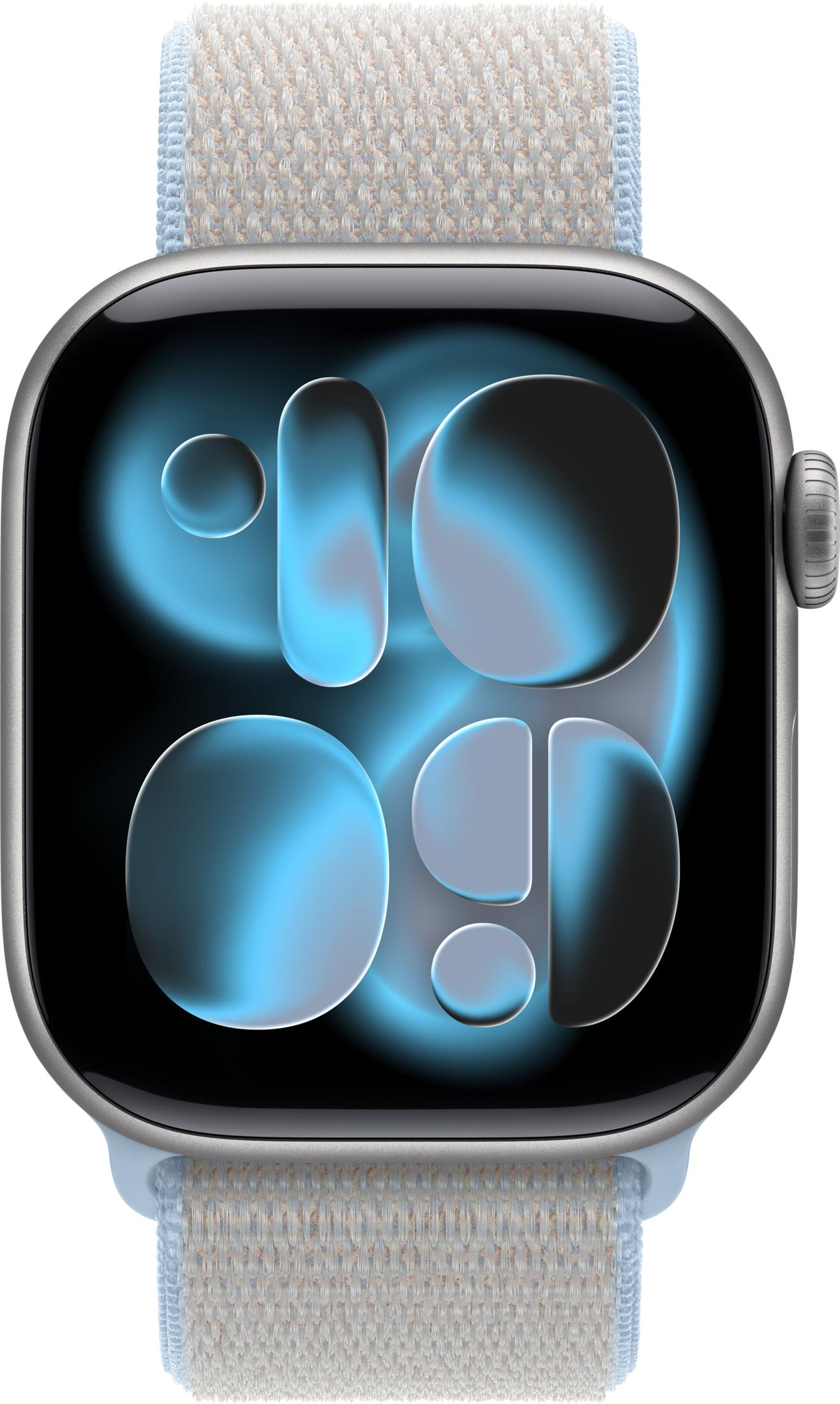 Uno smartwatch con cassa argentata e cinturino in tessuto blu mostra un design astratto blu sullo schermo.
