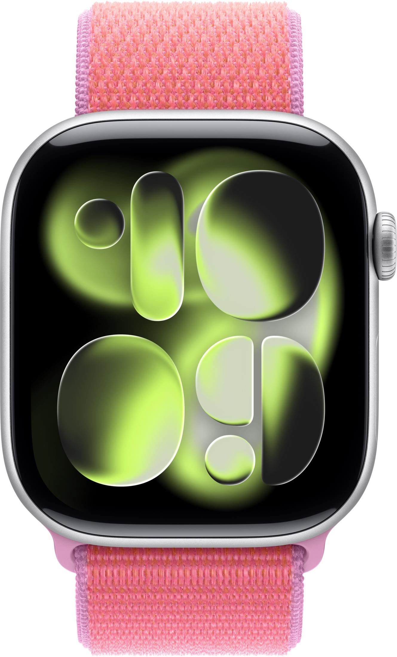 Uno smartwatch argentato con cinturino in tessuto rosa e quadrante digitale con forme verdi luminose astratte.