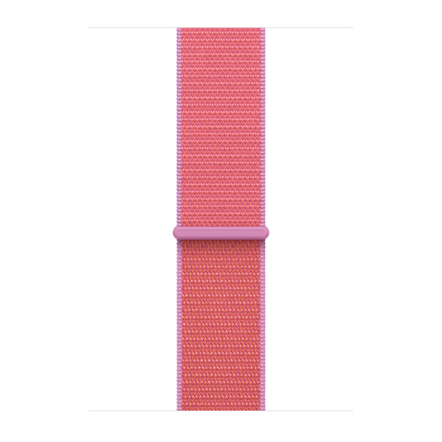 Cinturino per orologio in nylon intrecciato rosa con chiusura in plastica su sfondo bianco.