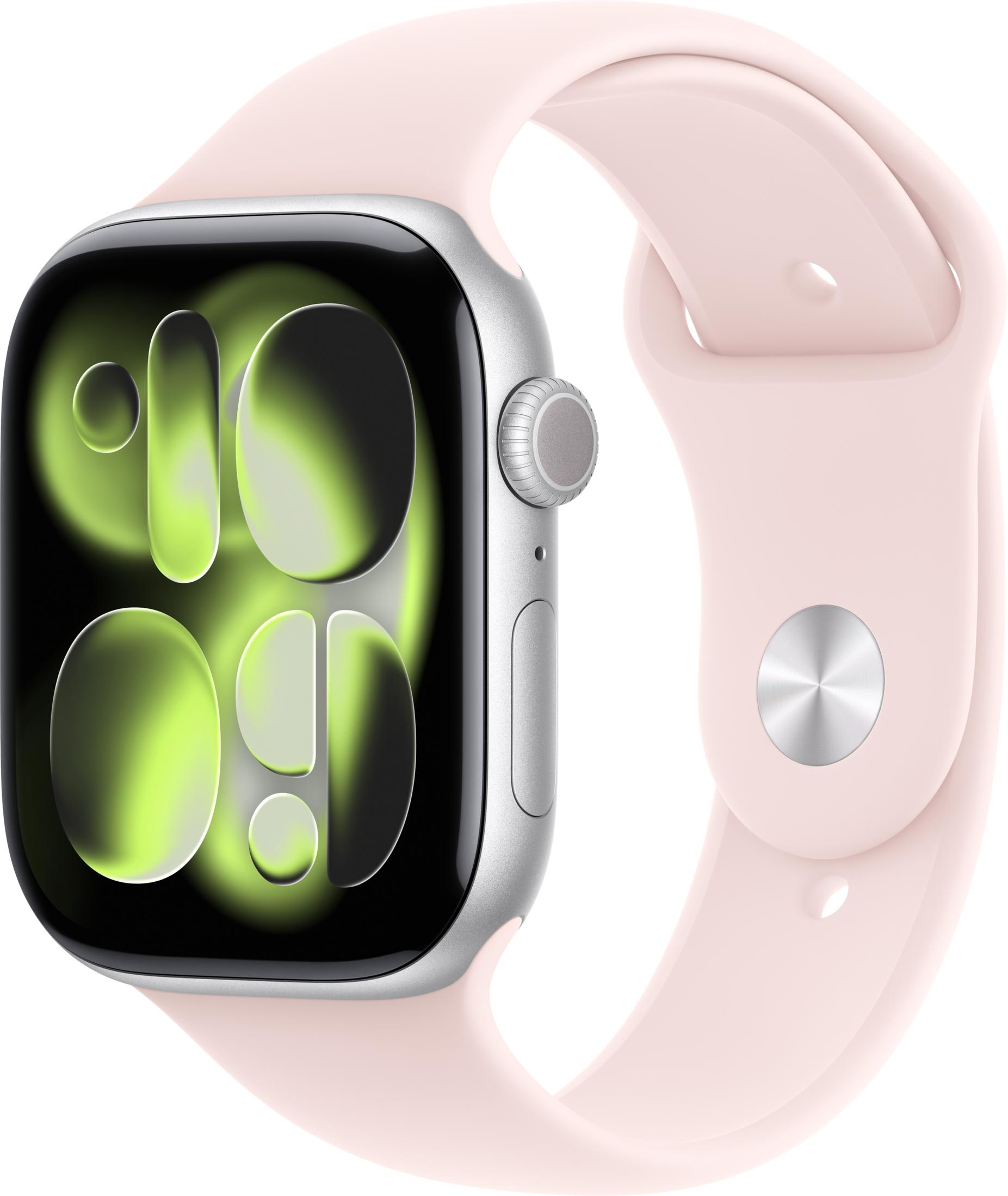 Eine Smartwatch mit silbernem Gehäuse und rosa Silikonarmband zeigt ein grünes Display.