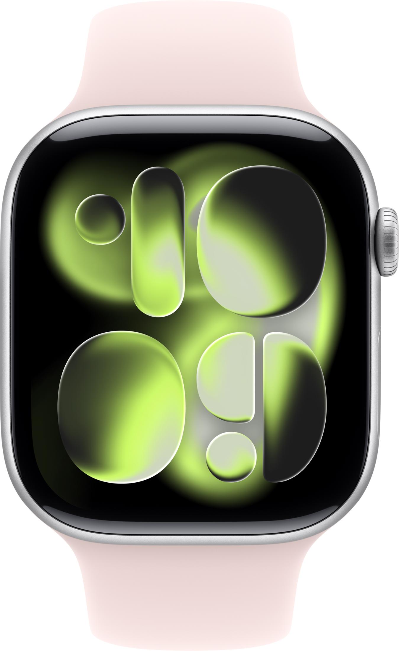 Apple Watch mit silbernem Gehäuse, rosafarbenem Armband und einem abstrakten grün-schwarzen Zifferblatt.