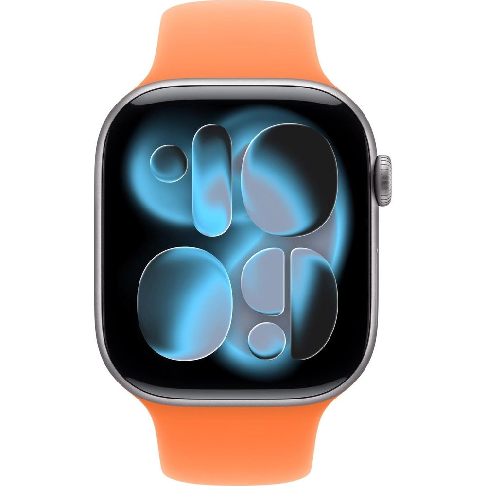 Smartwatch con cinturino arancione e display blu.