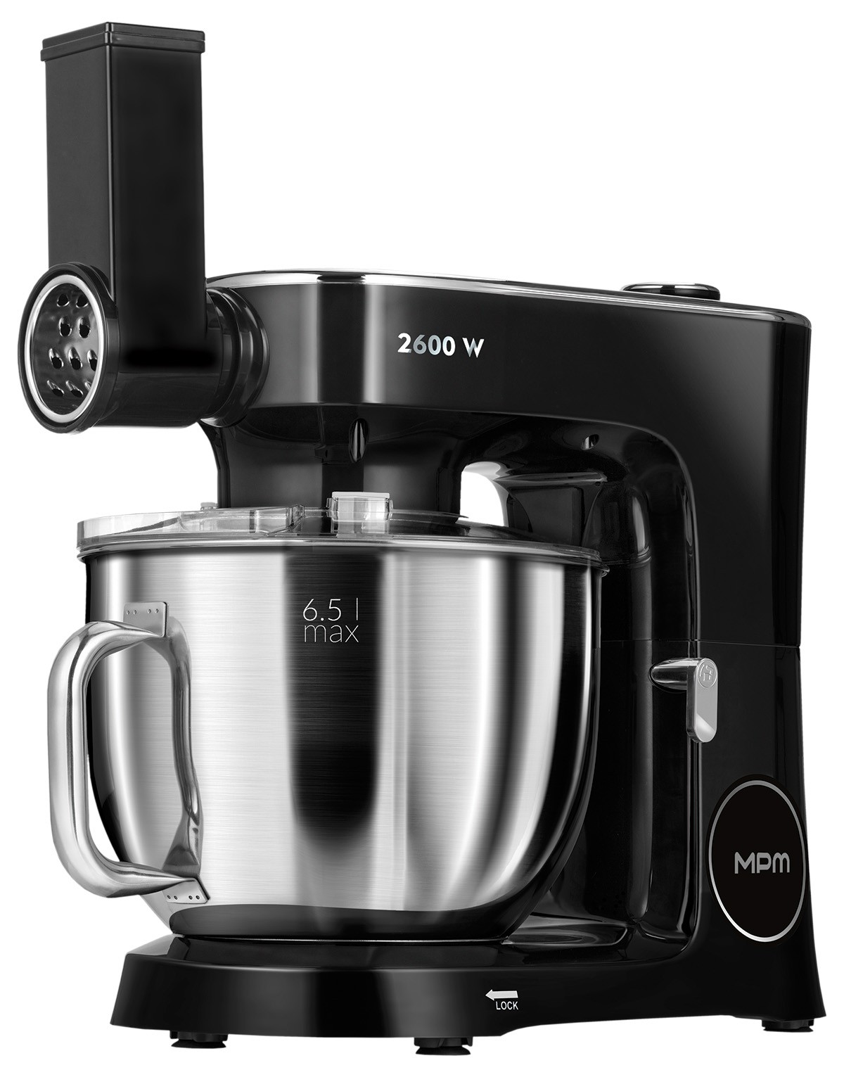 Czarny robot kuchenny MPM o mocy 2600W, z misą ze stali nierdzewnej i nasadką na białym tle.