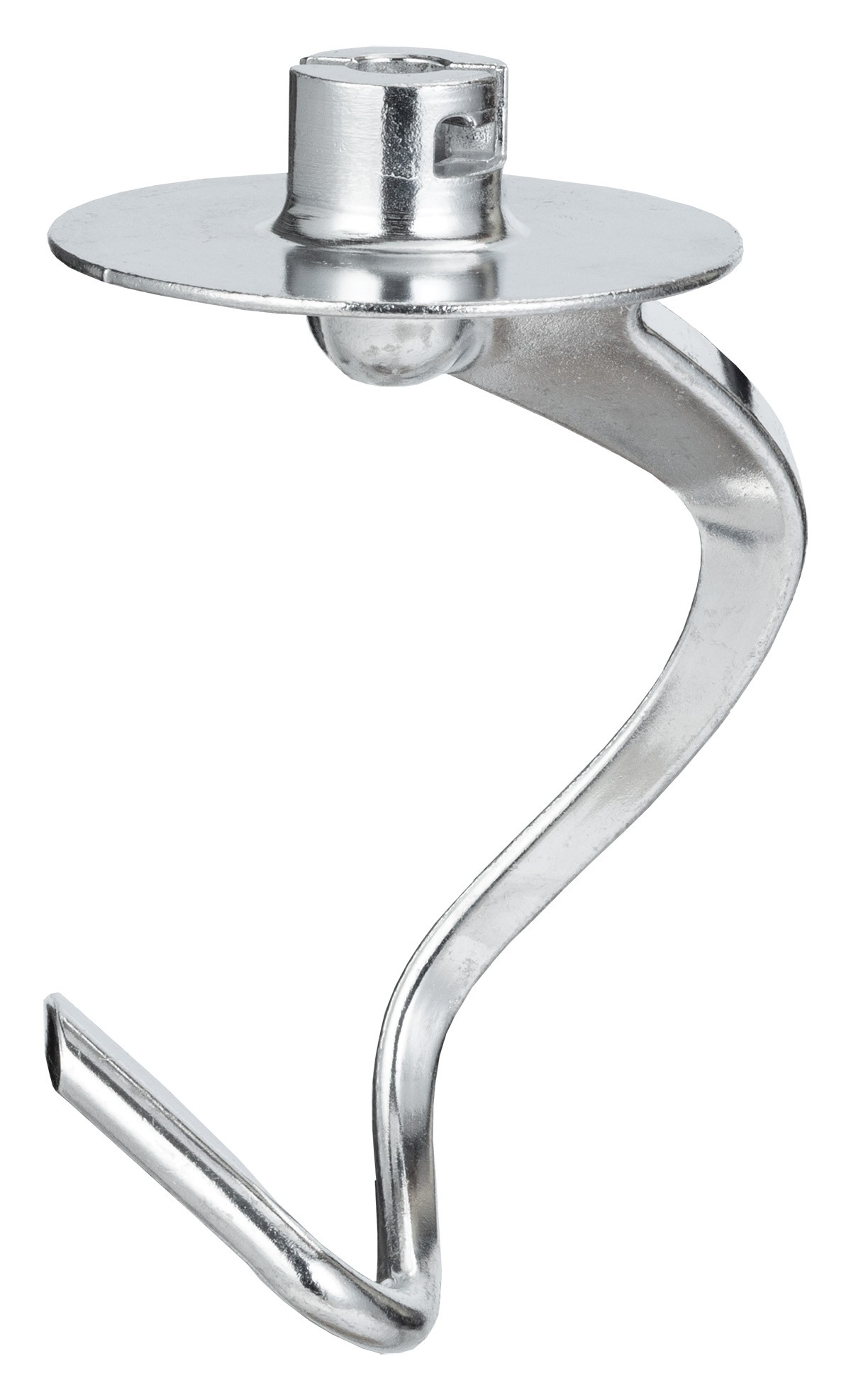 Srebrny metalowy hak do ciasta z okrągłą tarczą i łącznikiem na białym tle.