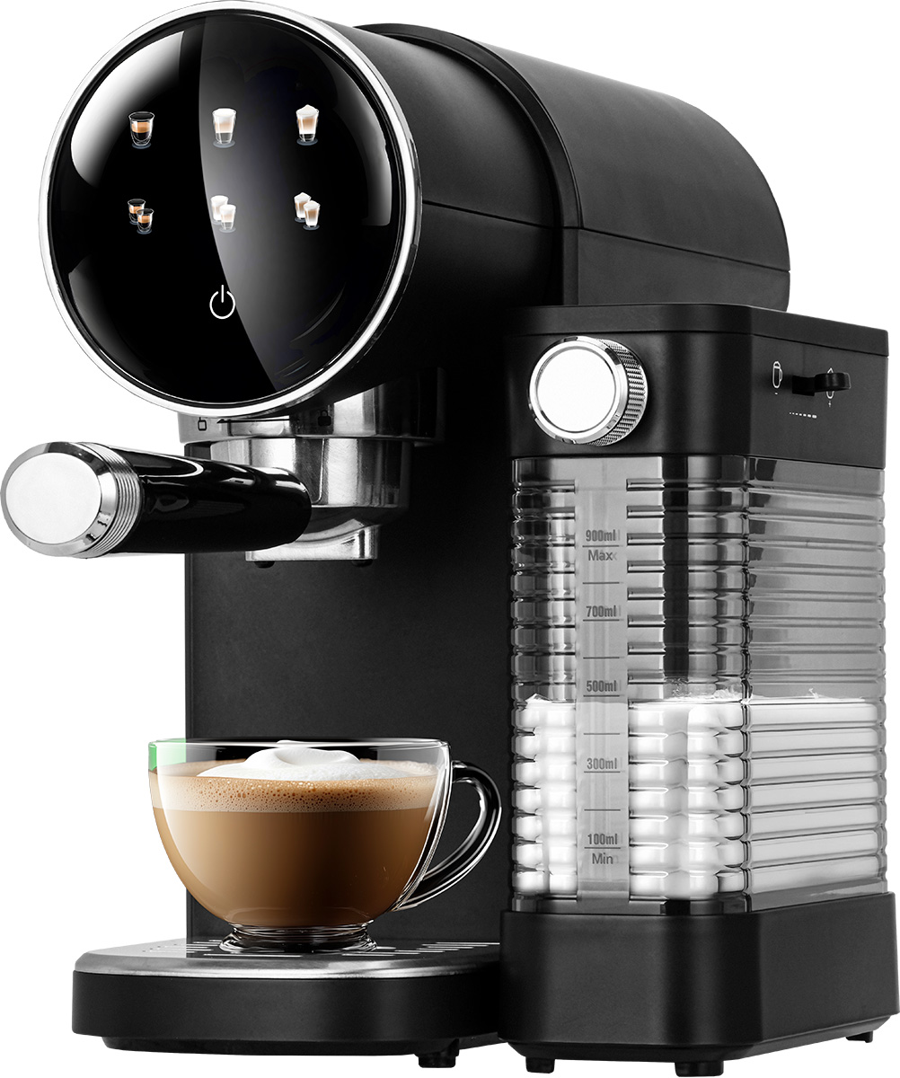 Czarny ekspres do kawy z cyfrowym wyświetlaczem, zintegrowanym pojemnikiem na mleko i filiżanką cappuccino na tacce ociekowej.