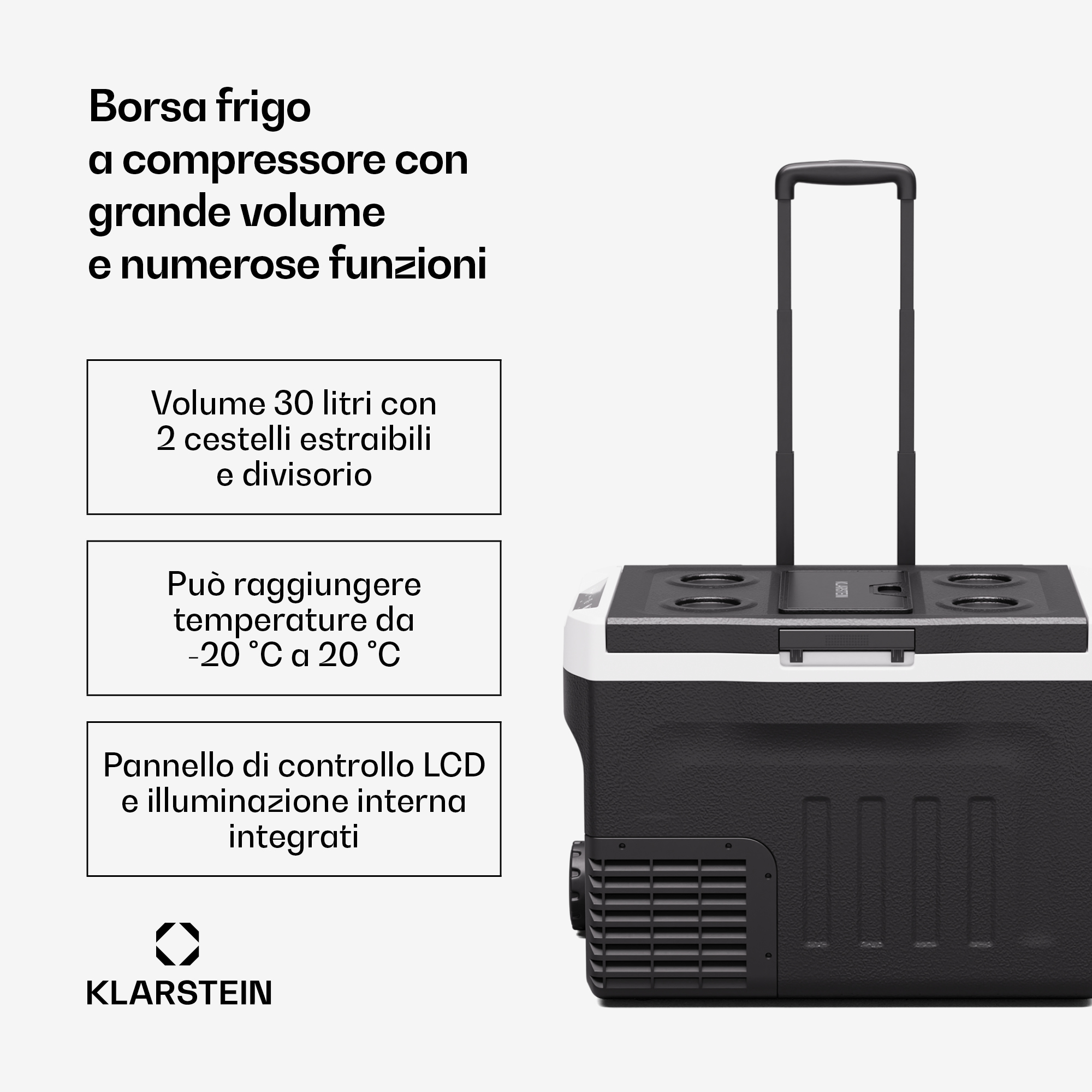Caja de refrigeración con compresor en blanco y negro con asa retráctil y cuadros de texto.