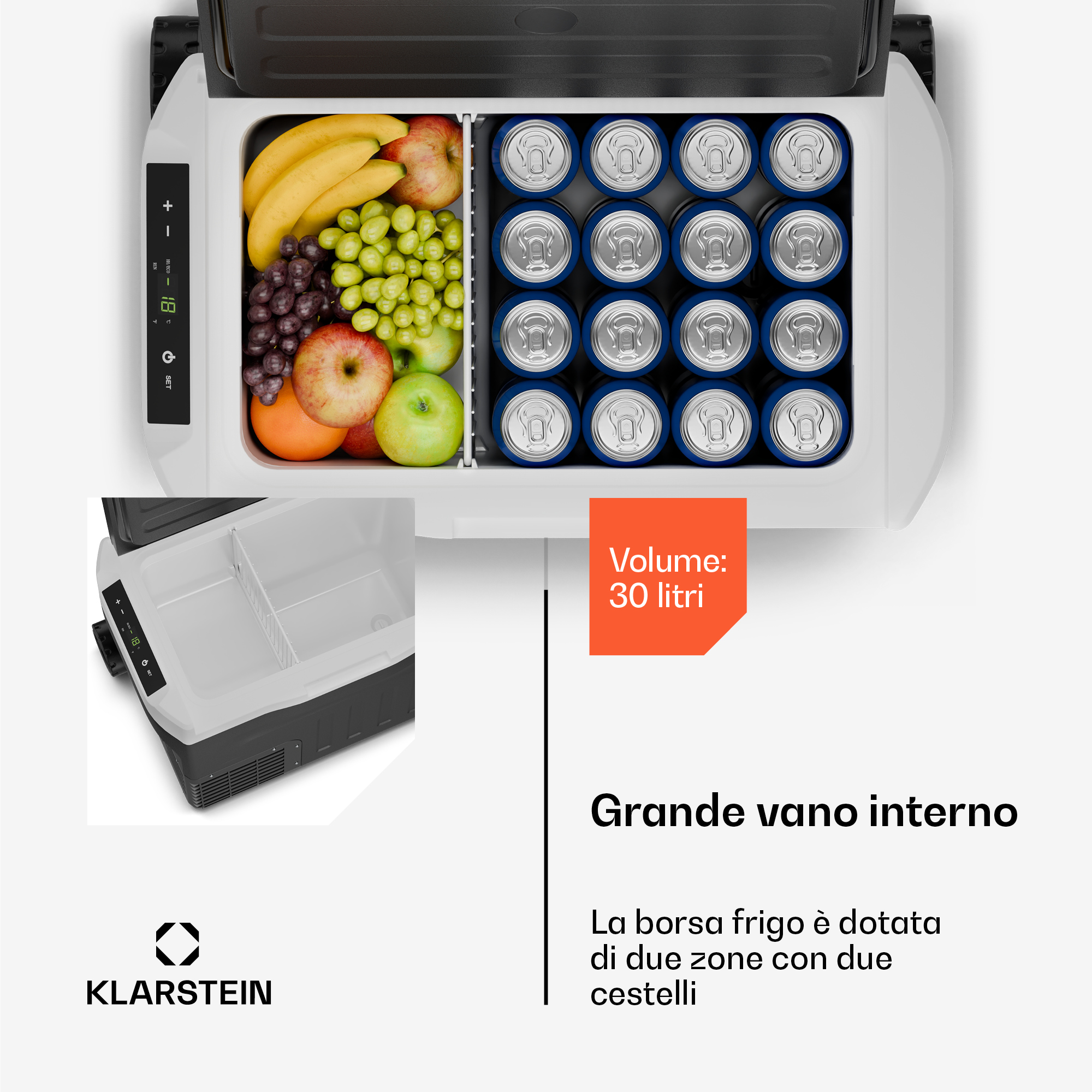 Nevera portátil Klarstein abierta de 30 litros con dos zonas llena de fruta y latas.