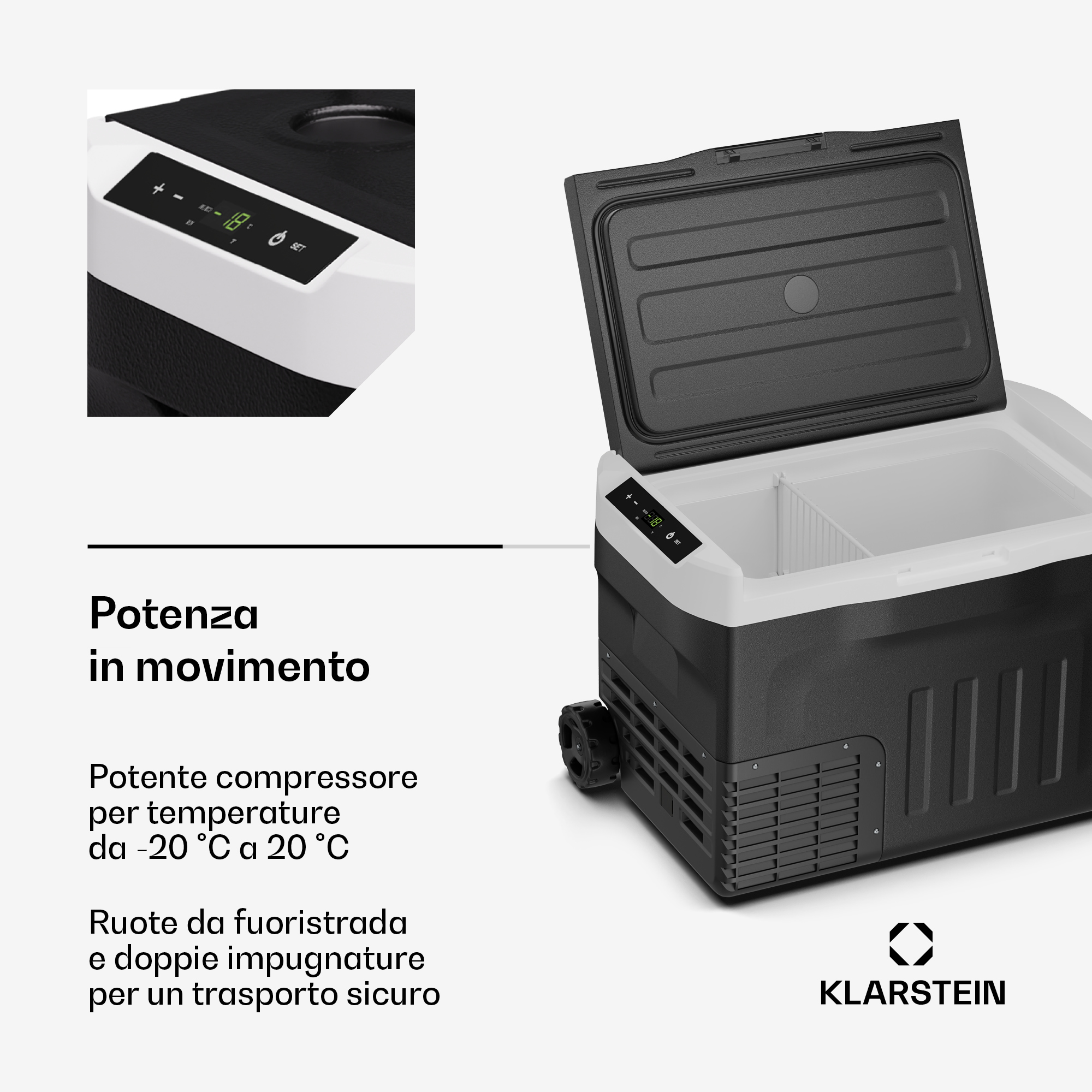 Nevera portátil de compresor en blanco y negro con tapa abierta, pantalla digital y ruedas todoterreno.