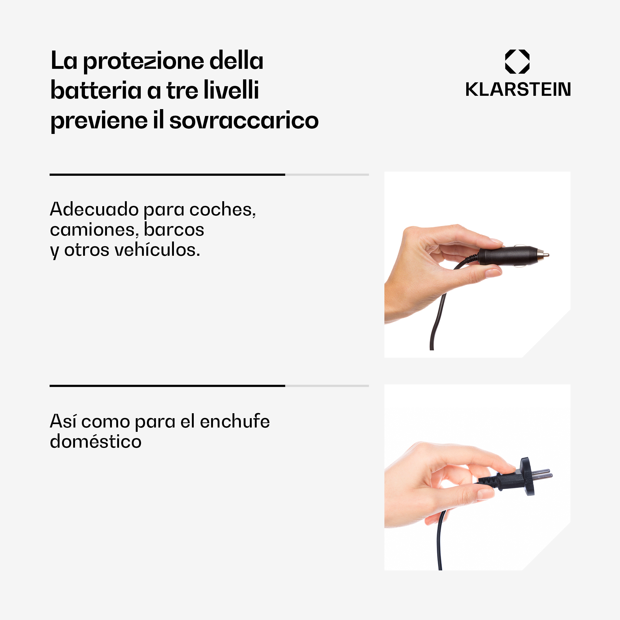 Anuncio de Klarstein con manos sosteniendo enchufes de coche y hogar y texto multilingüe.