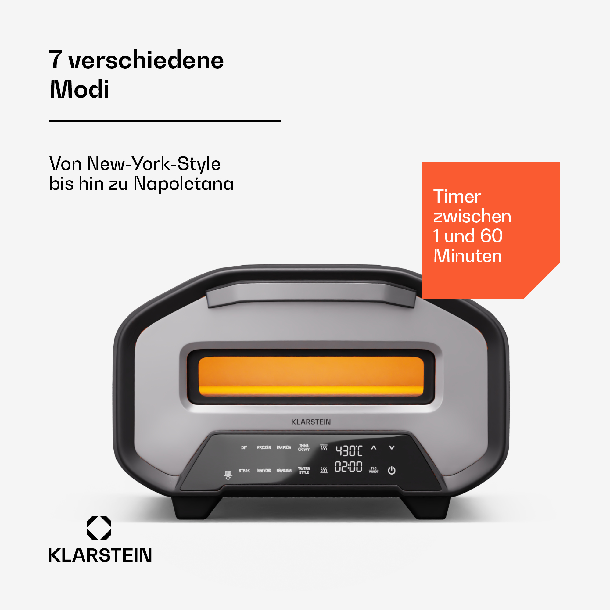 Horno de pizza Klarstein con pantalla digital y 7 modos, interior iluminado.