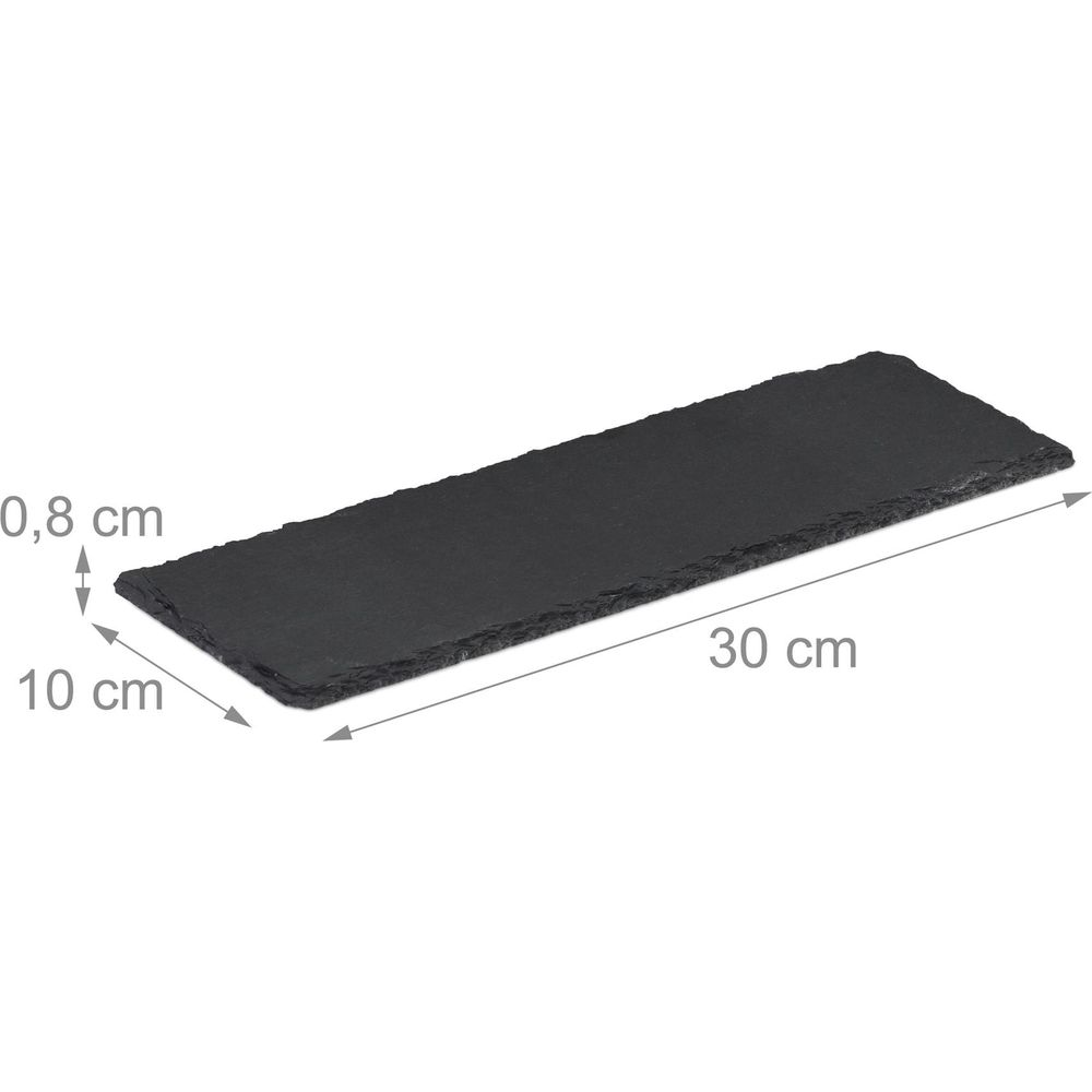 Rechteckige schwarze Schieferplatte, 30x10 cm, 0,8 cm dick, mit Maßpfeilen.
