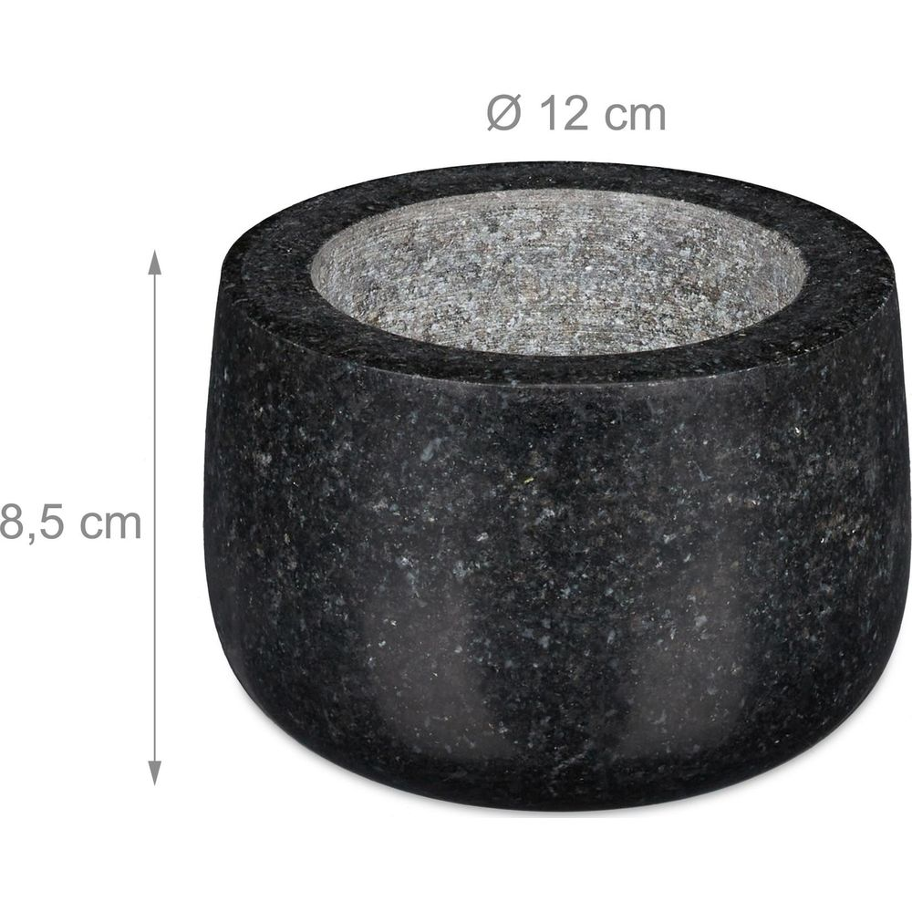 Schwarzer Granitmörser, 12 cm Durchmesser, 8,5 cm Höhe.