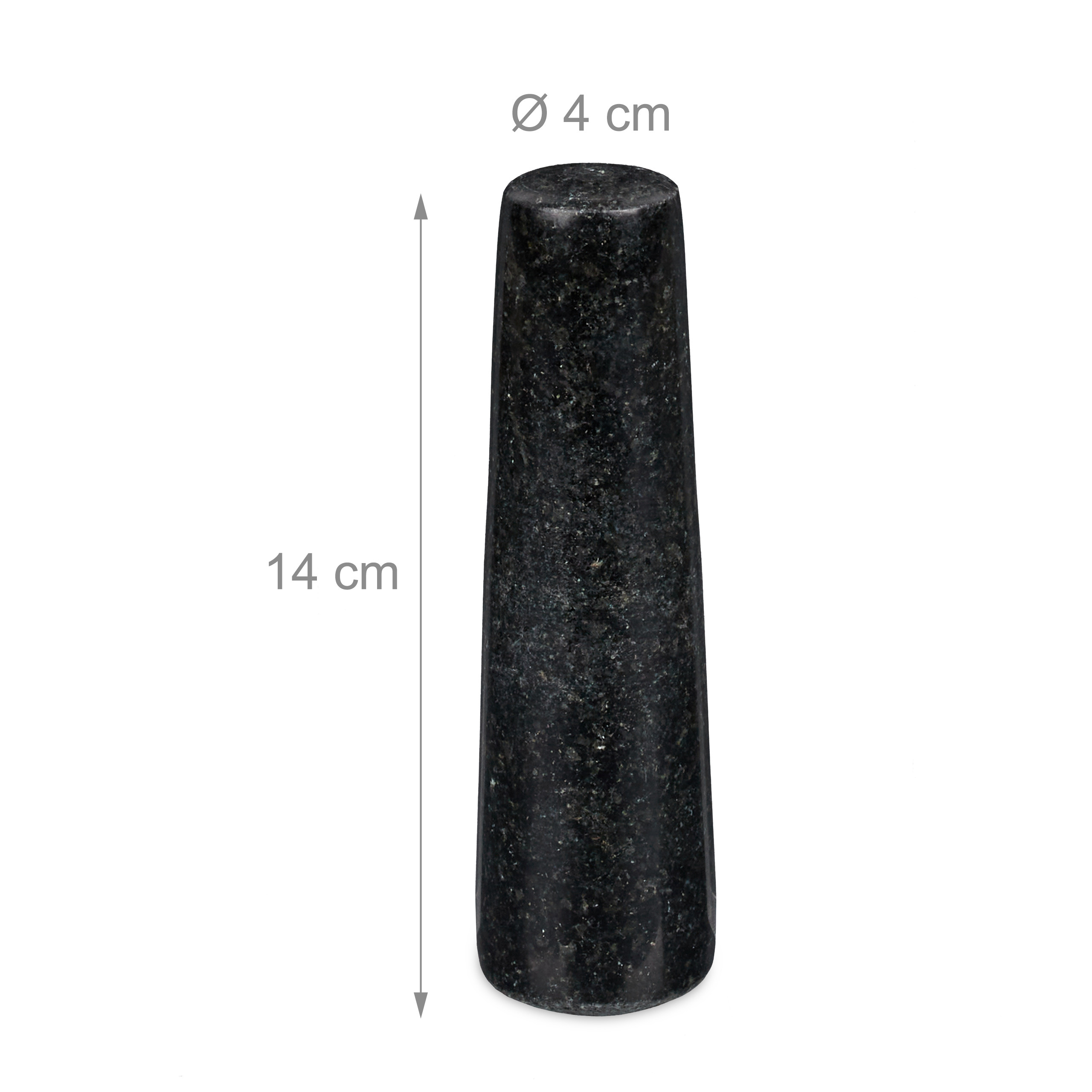 Ein zylindrischer Stößel aus schwarzem Granit mit einer Höhe von 14 cm und einem Durchmesser von 4 cm.