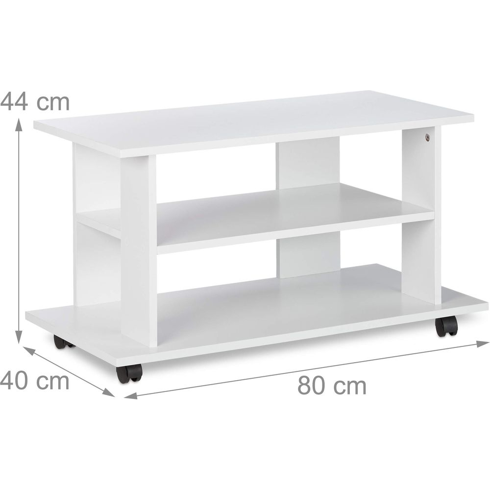 Weißer TV-Ständer mit zwei Regalböden und Rollen, 80x40x44 cm groß.