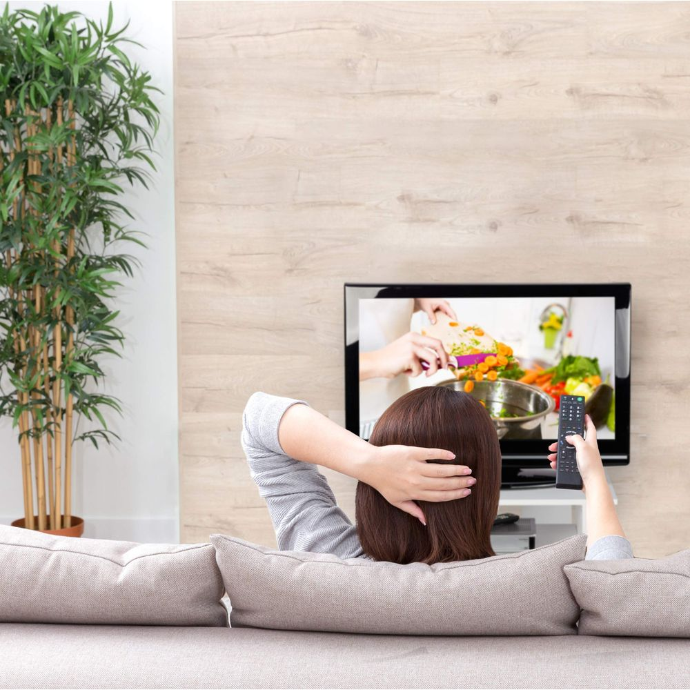 Eine Frau entspannt auf einem Sofa, hält eine Fernbedienung und sieht fern, neben einer großen Pflanze.