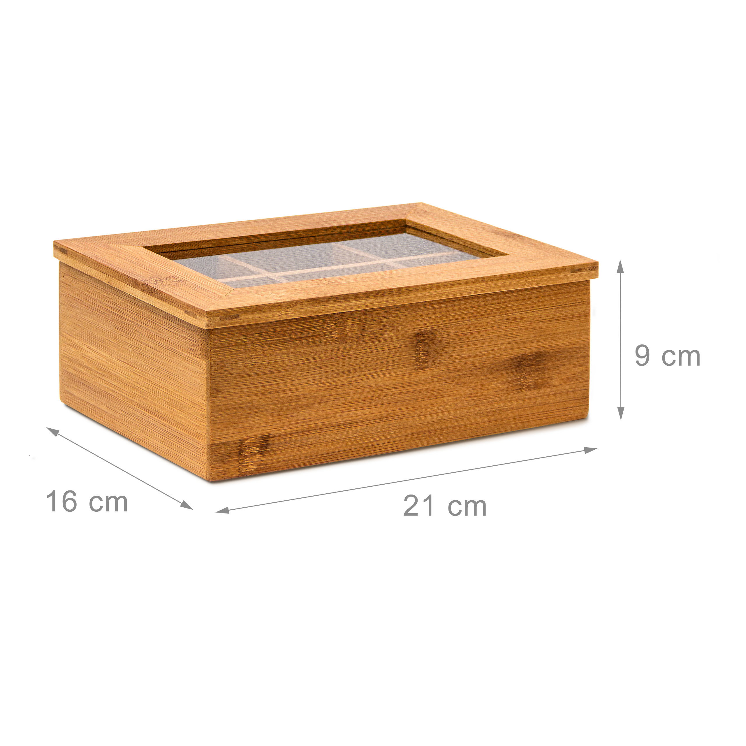 Bambus-Teebox mit Sichtfenster, 21 cm breit, 16 cm tief und 9 cm hoch auf weißem Grund.