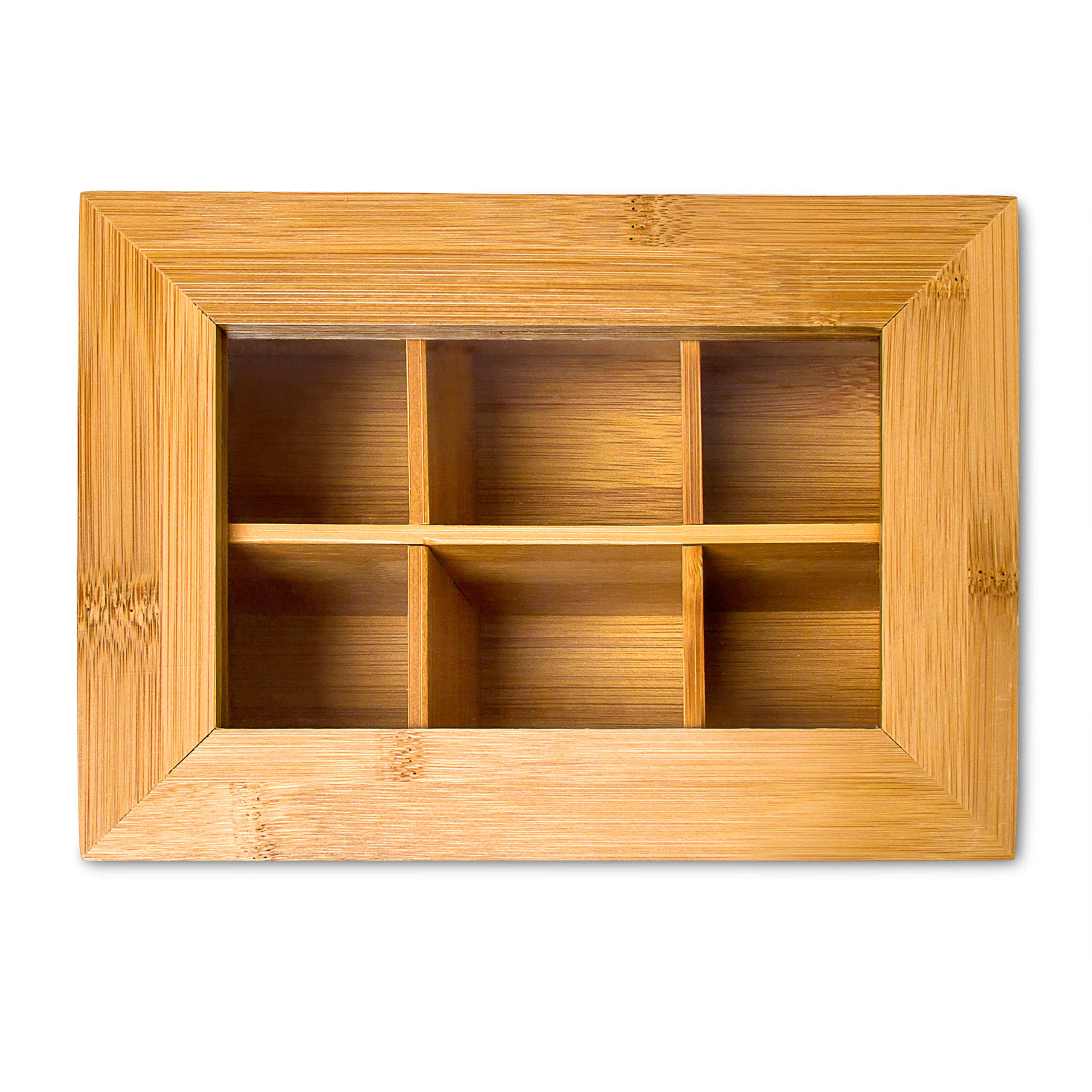 Eine rechteckige Bambus-Aufbewahrungsbox mit Glasdeckel, unterteilt in sechs Fächer vor weißem Hintergrund.
