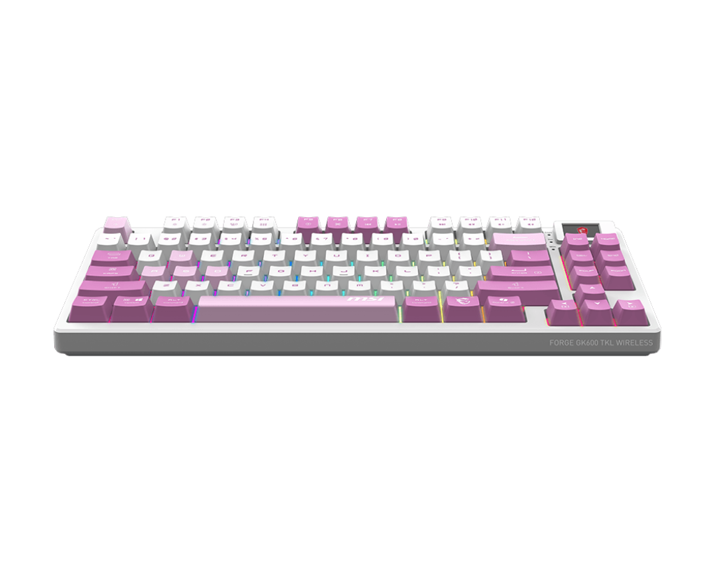 Siyah arka plan üzerinde RGB aydınlatmalı, beyaz ve pembe mekanik oyun klavyesi.