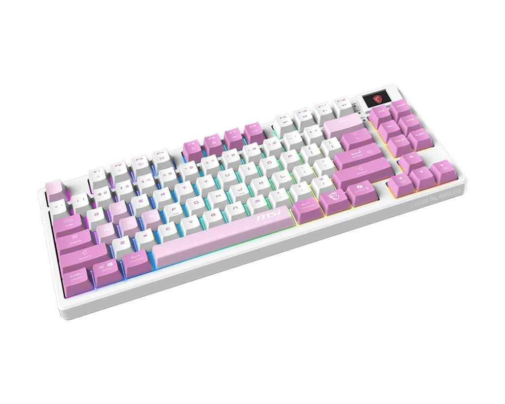 Siyah arka plan üzerinde RGB aydınlatmalı, beyaz ve pembe kablosuz mekanik klavye.