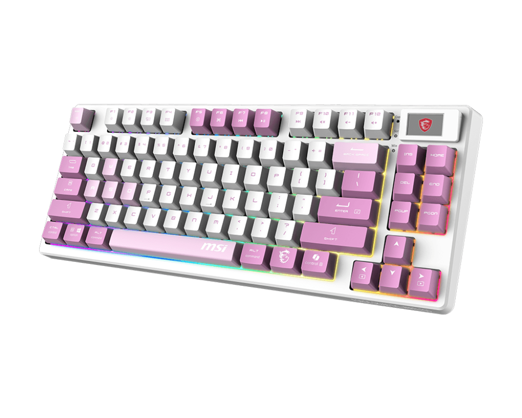 Siyah arka plan üzerinde RGB arka aydınlatmalı beyaz ve pembe bir MSI oyuncu klavyesi.