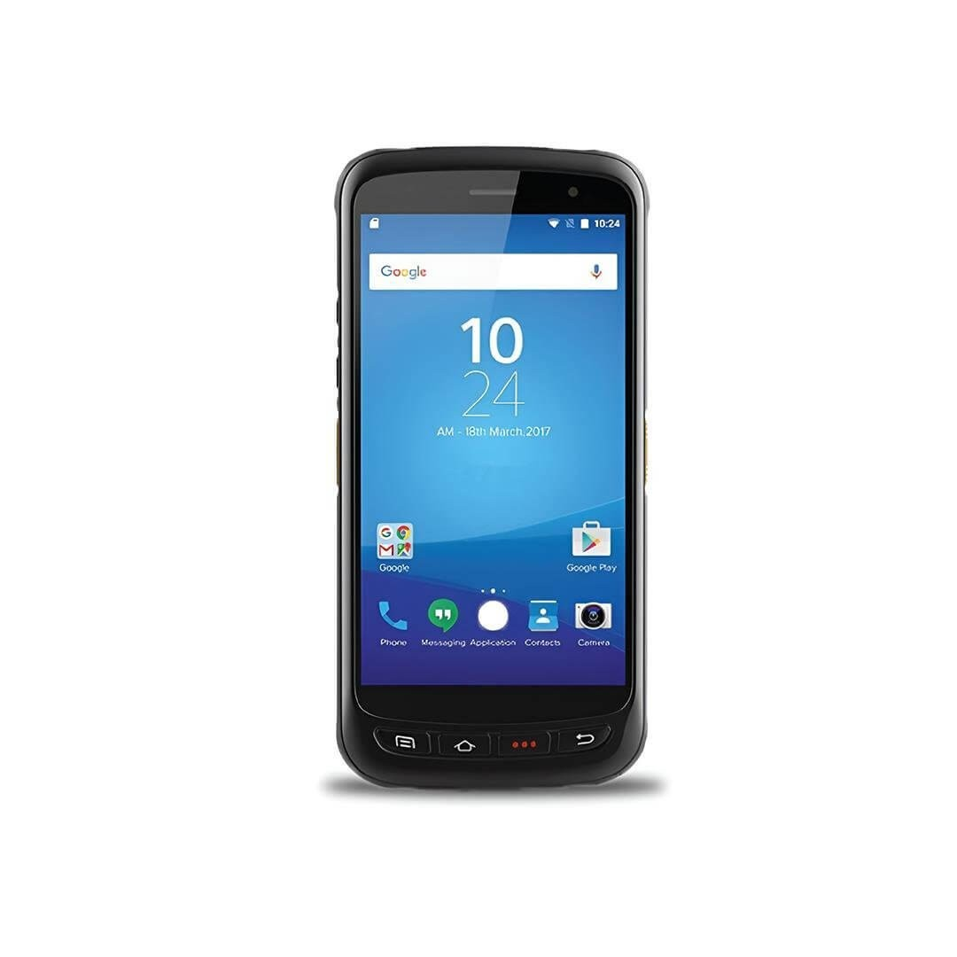 Android arayüzlü siyah bir akıllı telefon, Google arama çubuğu ve uygulama simgeleriyle ana ekranı gösterir.