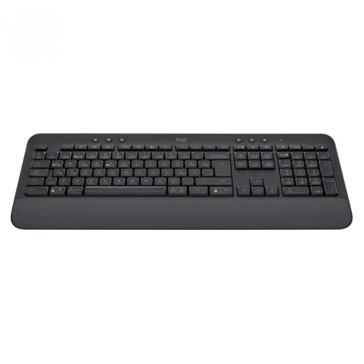 Beyaz arka planda bilek desteğine sahip siyah kablosuz Logitech klavye.
