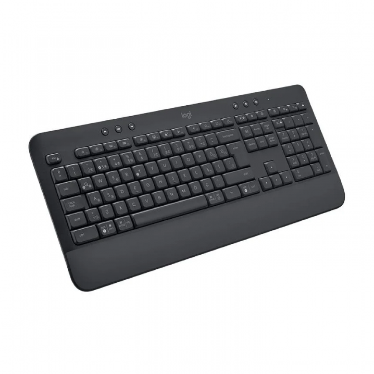 Beyaz arka plan üzerinde entegre avuç içi dayanağına sahip siyah bir Logitech kablosuz klavye.