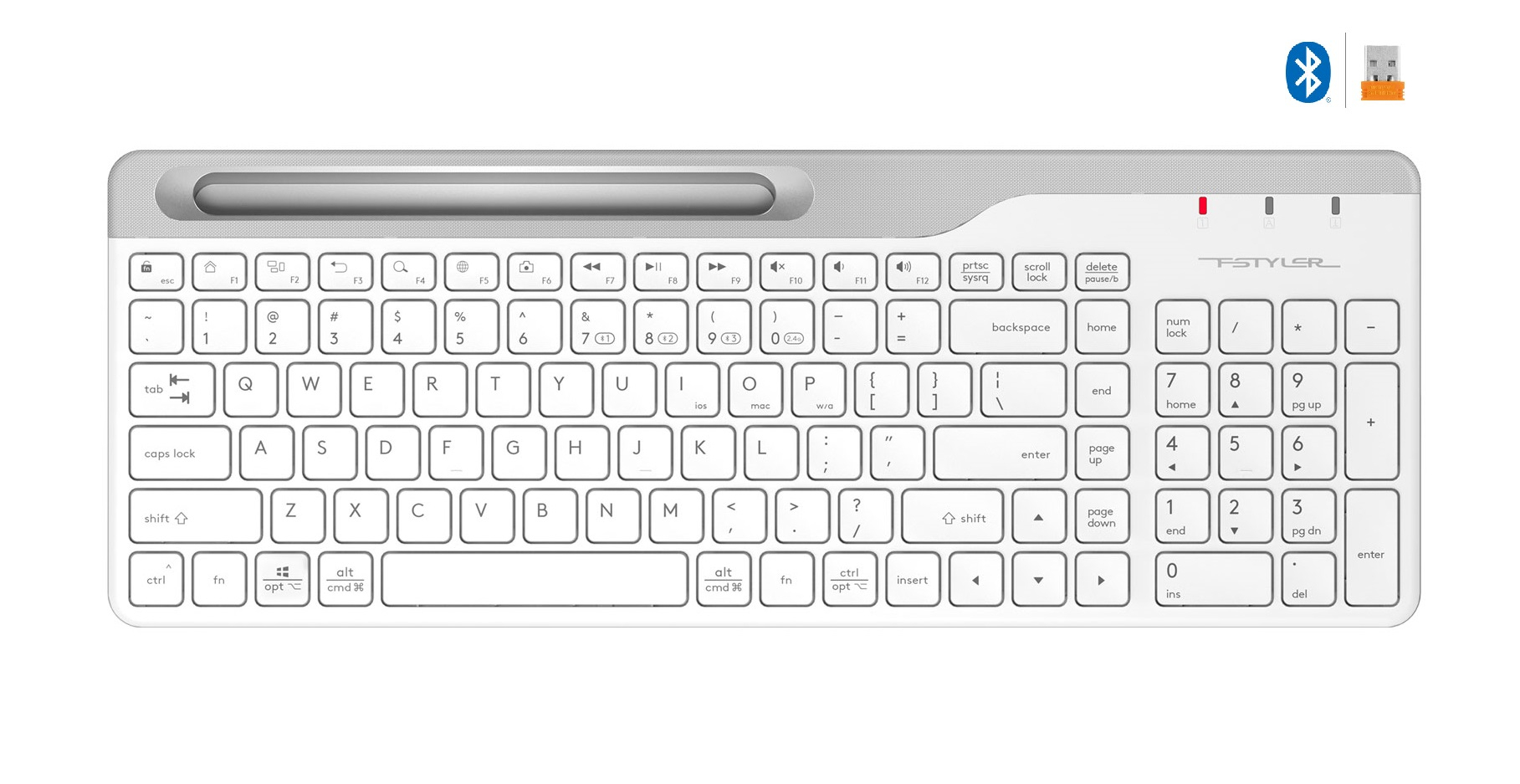 Entegre tablet tutuculu ve sayı tuş takımlı beyaz kablosuz bilgisayar klavyesi, sağ üstte Bluetooth logosu.