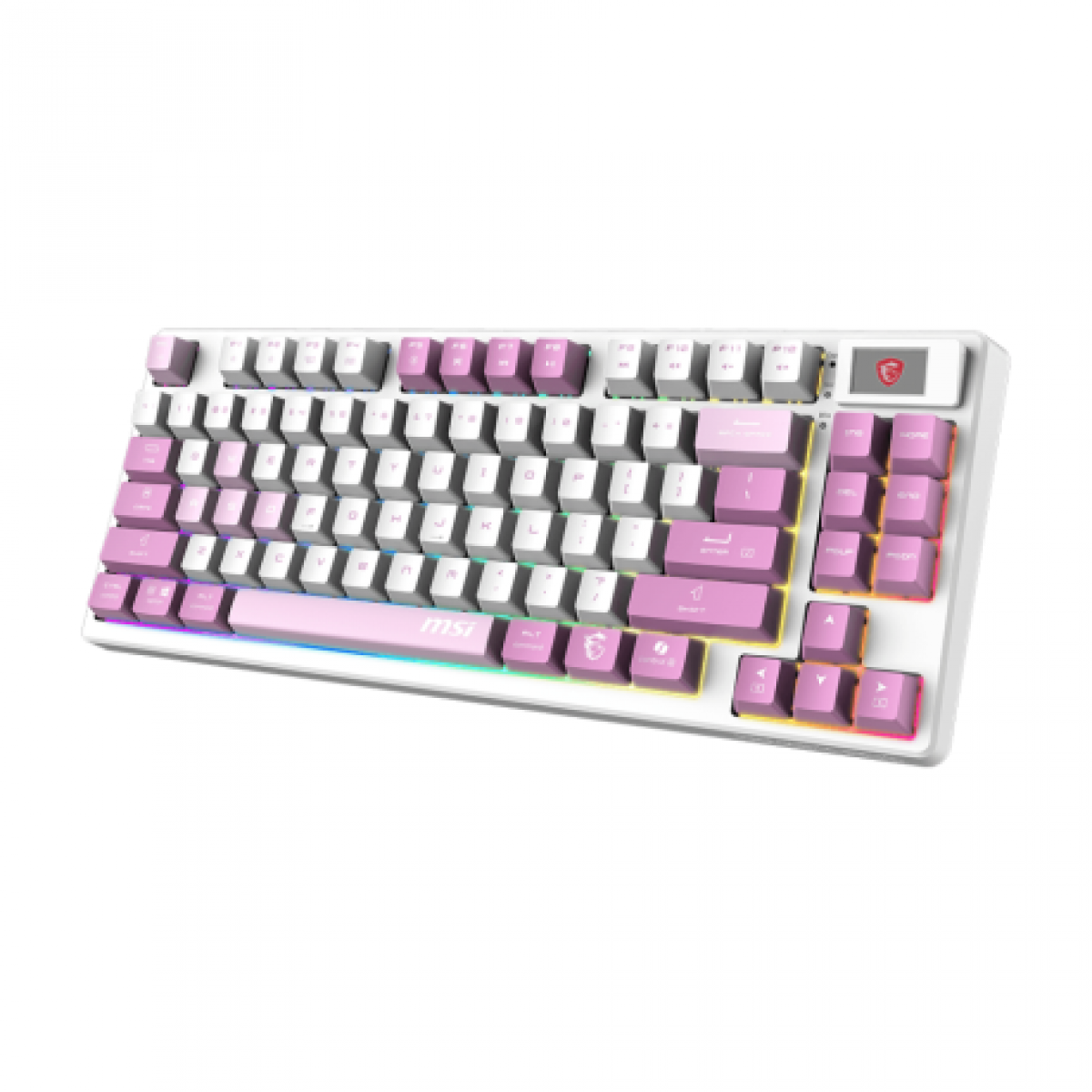 Beyaz arka planda RGB aydınlatmalı beyaz ve pembe MSI oyuncu klavyesi.