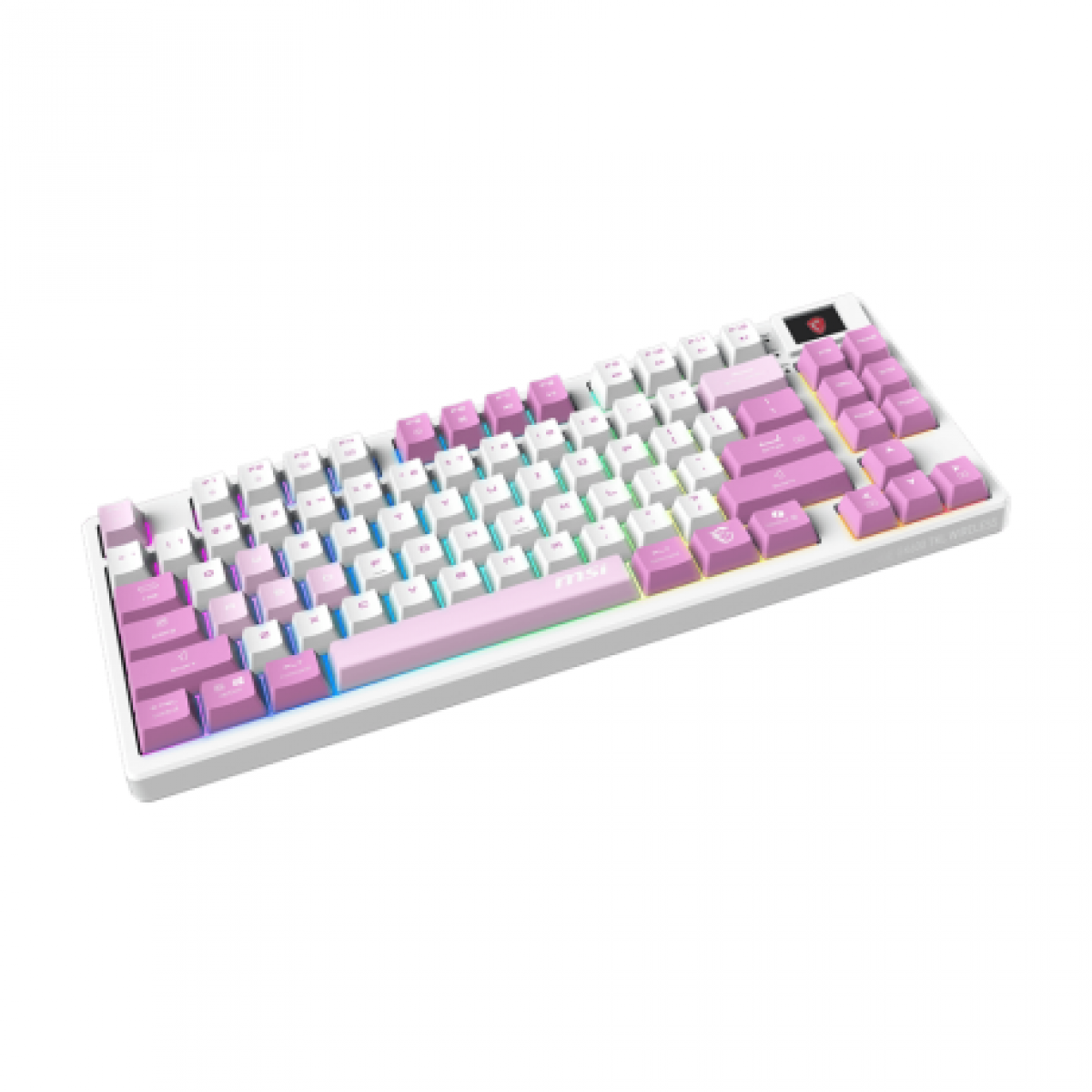Parlayan RGB aydınlatmalı, beyaz ve pembe renkli kablosuz mekanik klavye, açılı üstten görünümde.