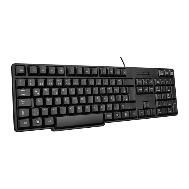 Beyaz arkaplanda QWERTY düzenine ve sayısal tuş takımına sahip siyah bir bilgisayar klavyesi.