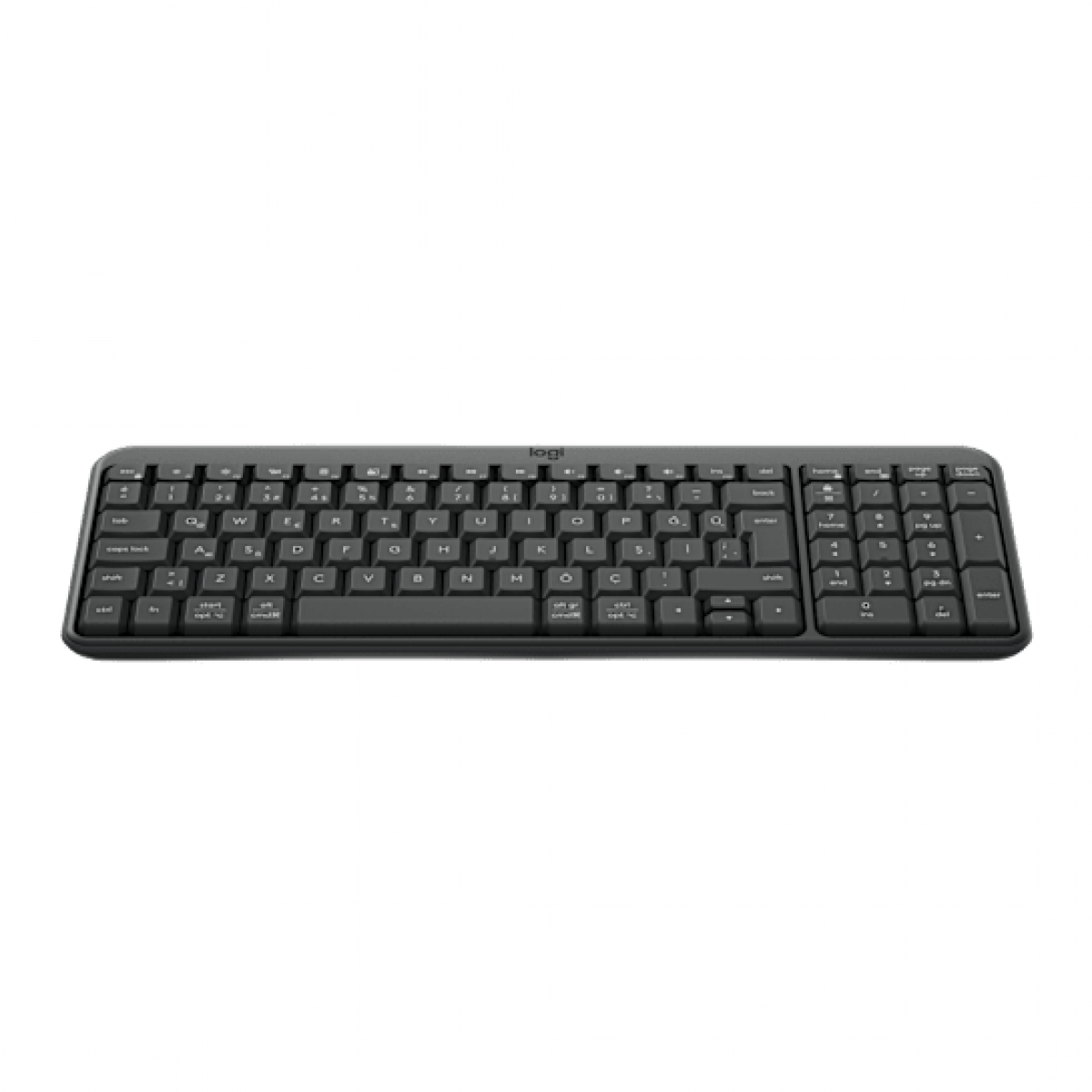 Beyaz arka planda sayısal tuş takımı olan siyah kablosuz Logitech klavye.