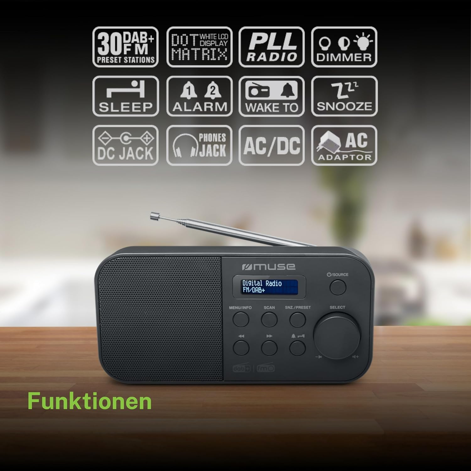 Radio digitale nera su superficie di legno con icone che mostrano funzioni come DAB+, sveglia e presa per cuffie.