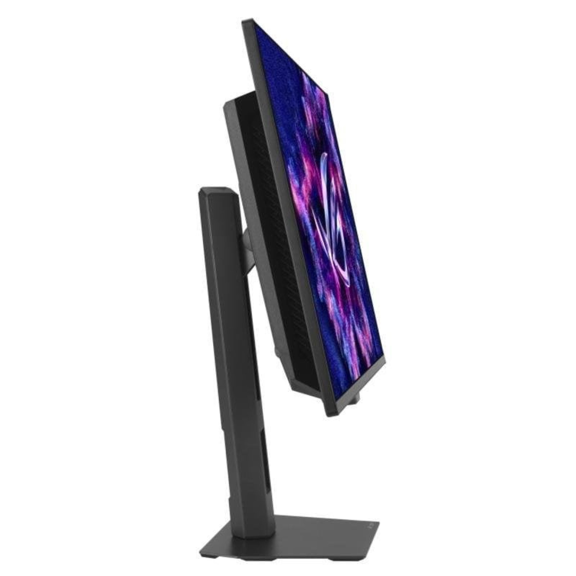 Ein schwarzer Computermonitor auf einem Ständer mit einem bunten Bildschirm auf weißem Hintergrund.