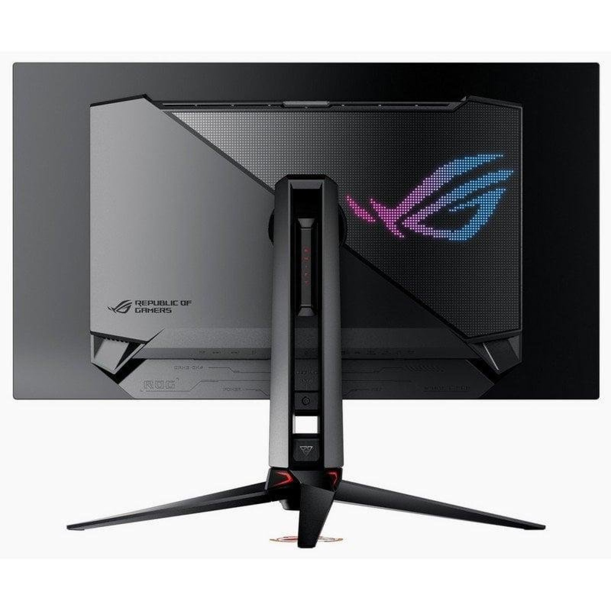 Vista posteriore di un monitor da gioco Asus ROG con design cyberpunk, logo luminoso e supporto a treppiede.