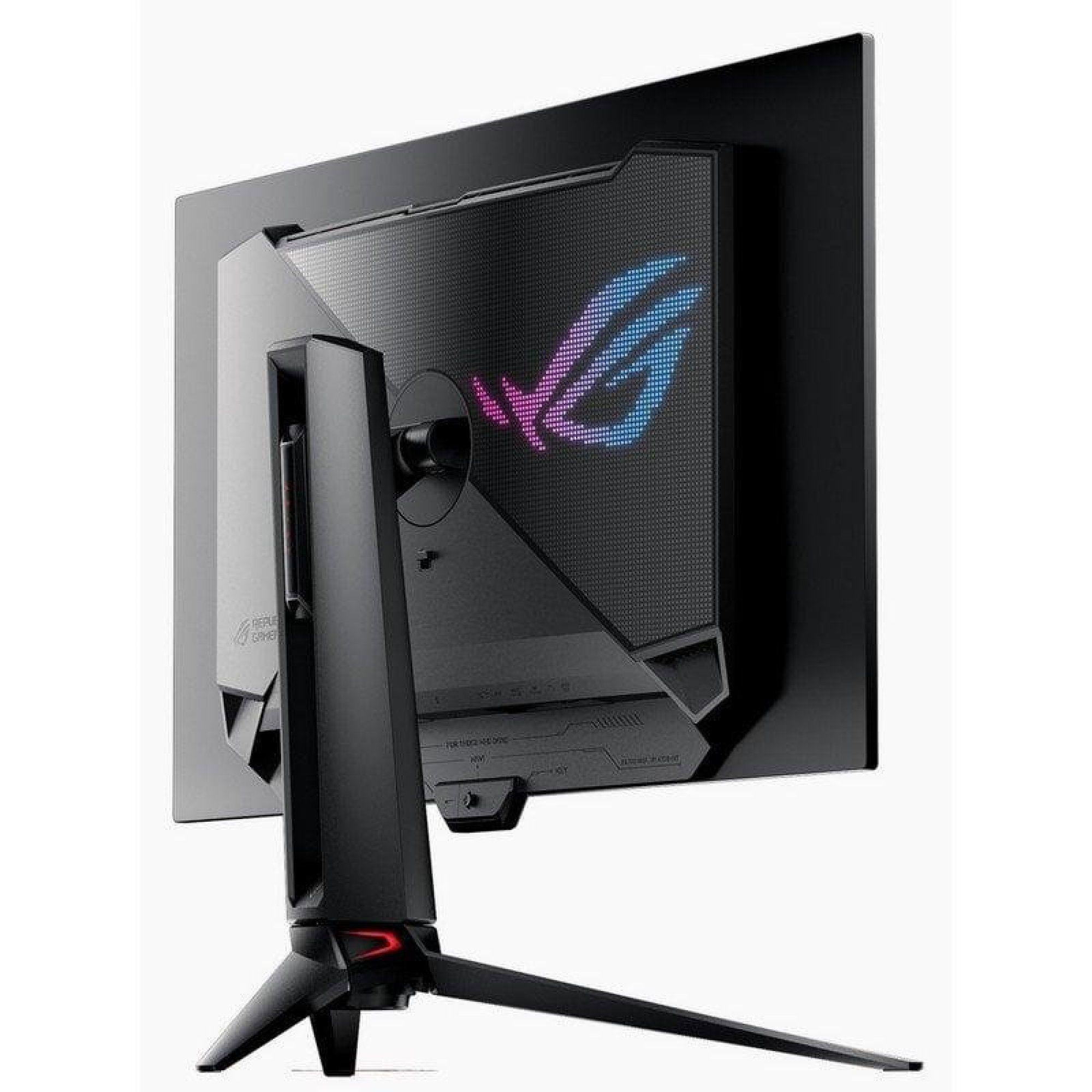 Vista posteriore di un monitor da gioco ROG nero con logo RGB e supporto.