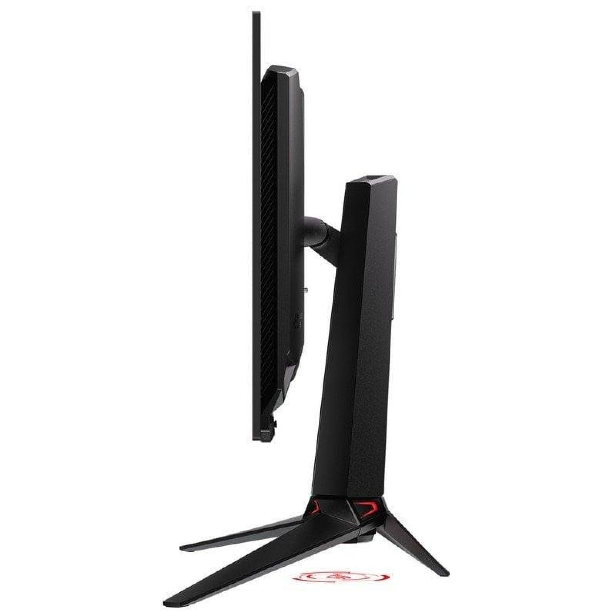Vista laterale di un monitor per computer nero con supporto su sfondo bianco.