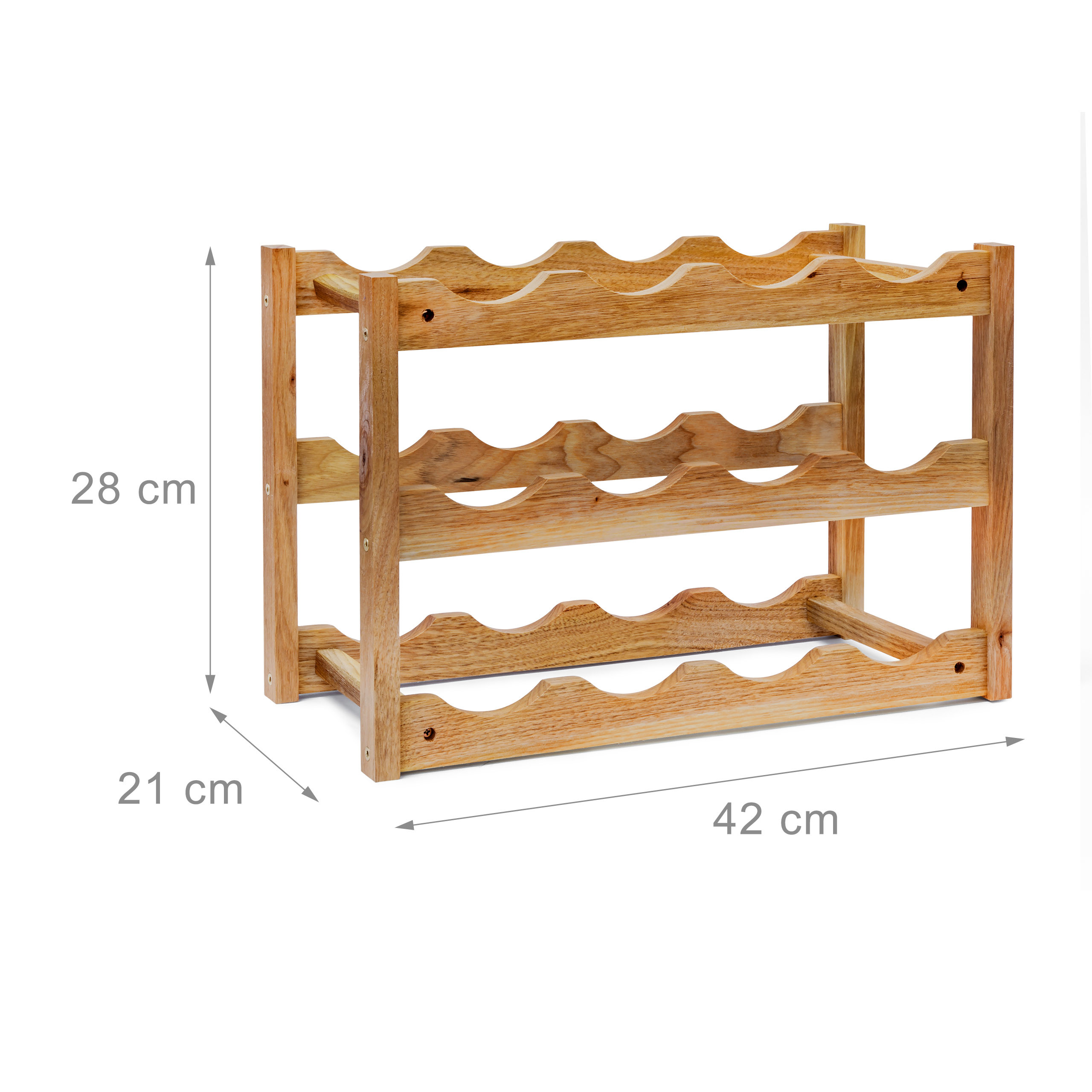 Ein hölzernes Weinregal mit den Maßen: 42 cm breit, 21 cm tief und 28 cm hoch.
