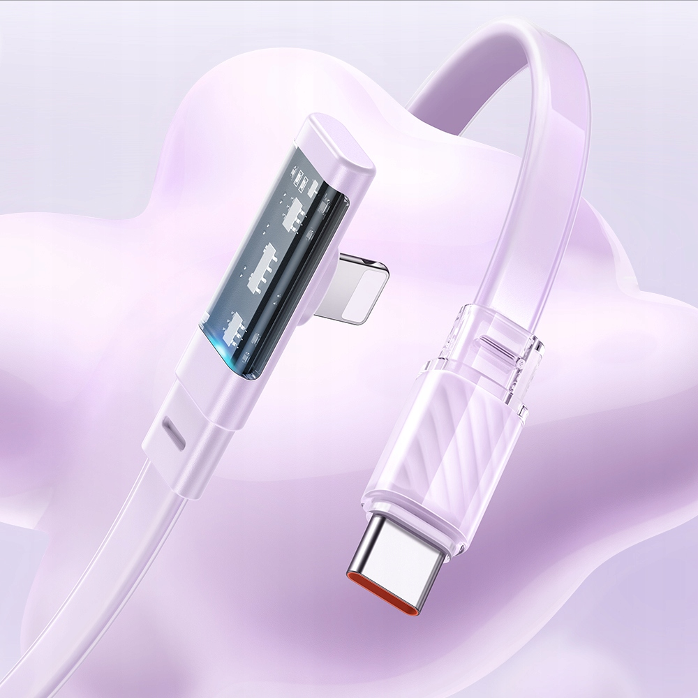 Un cavo di ricarica USB-C viola con connettore trasparente e display visibile su sfondo morbido.