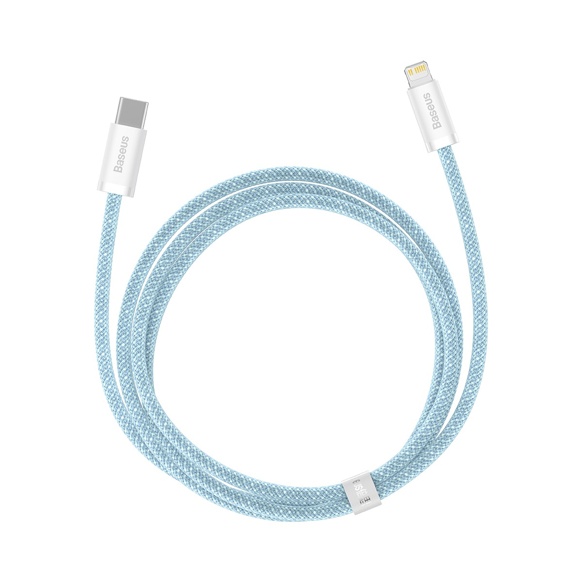 Un cavo intrecciato azzurro da USB-C a Lightning arrotolato su sfondo bianco.