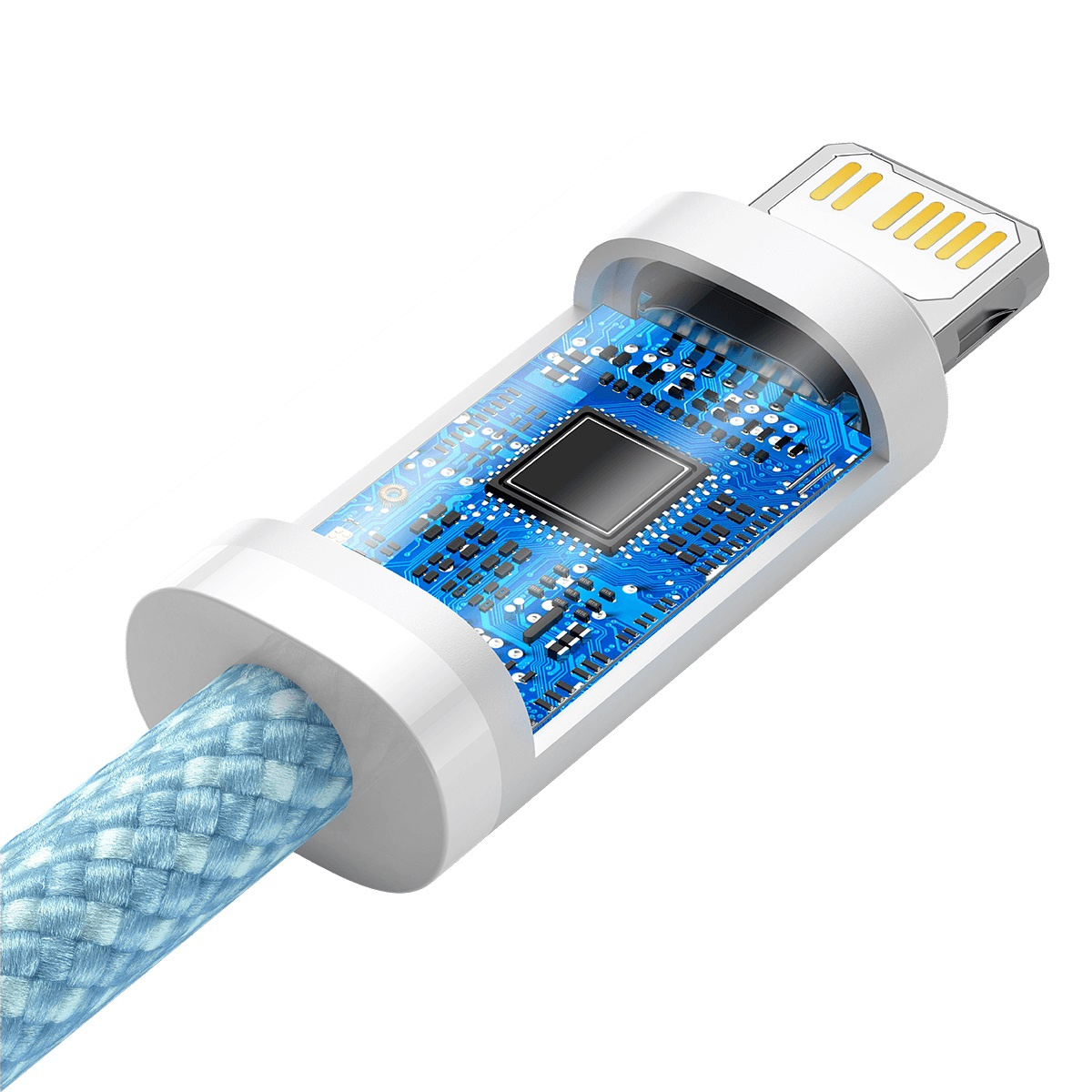 Vista in sezione di un connettore per cavo lightning, che rivela un circuito blu con un microchip centrale.