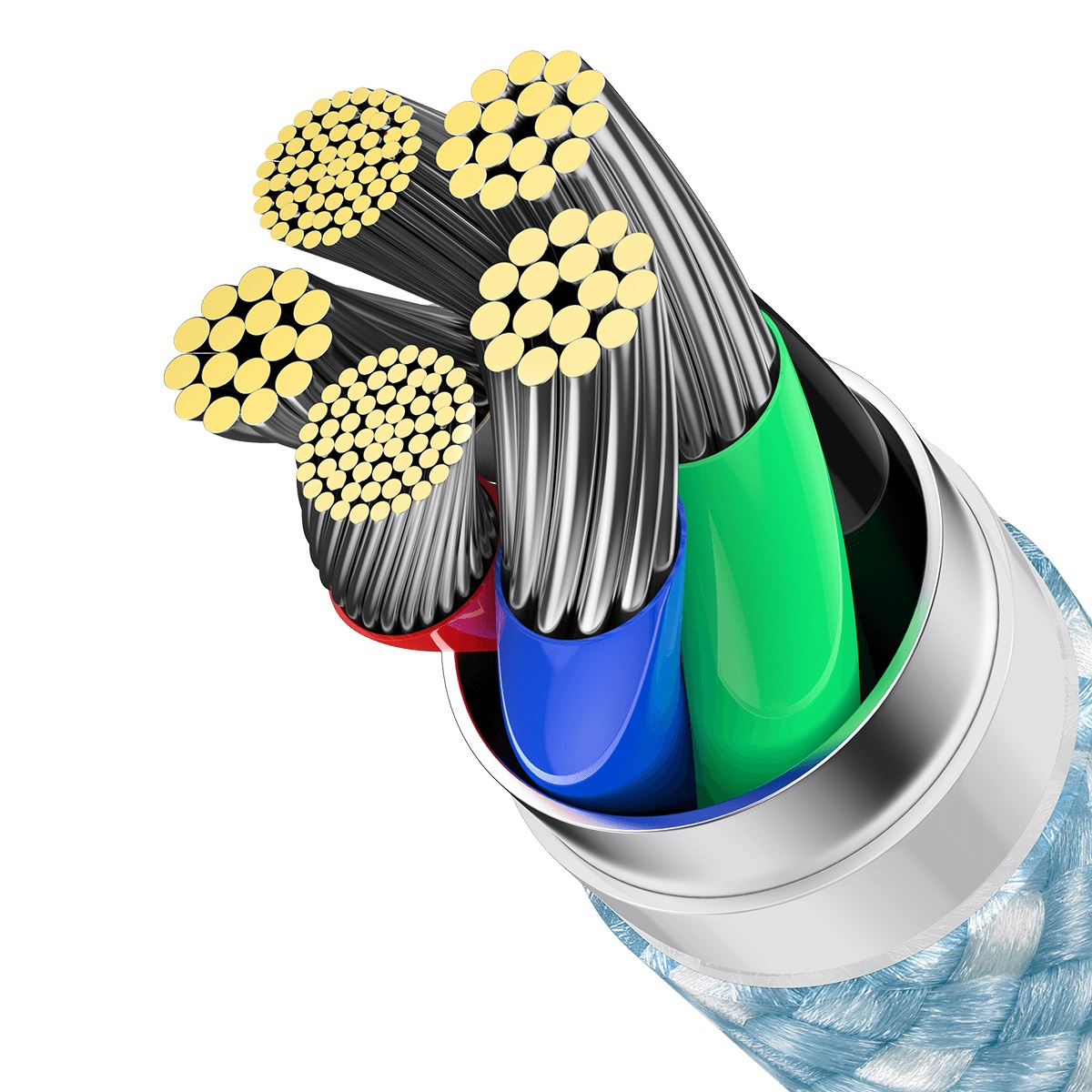 Un cavo multipolare tagliato che mostra isolamento colorato e fili di rame nudi.