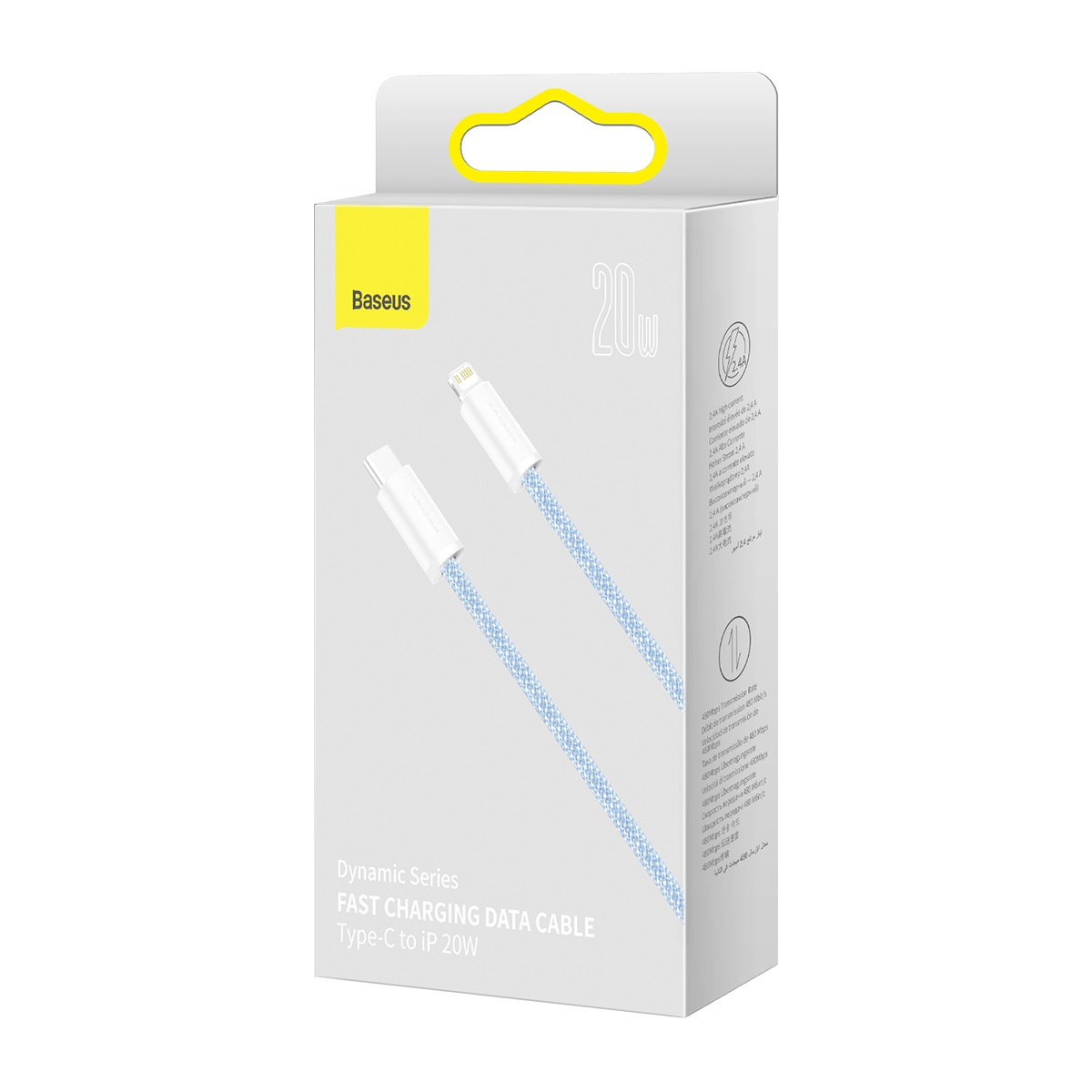 Confezione bianca Baseus con cavo dati per ricarica rapida Type-C a Lightning da 20W.