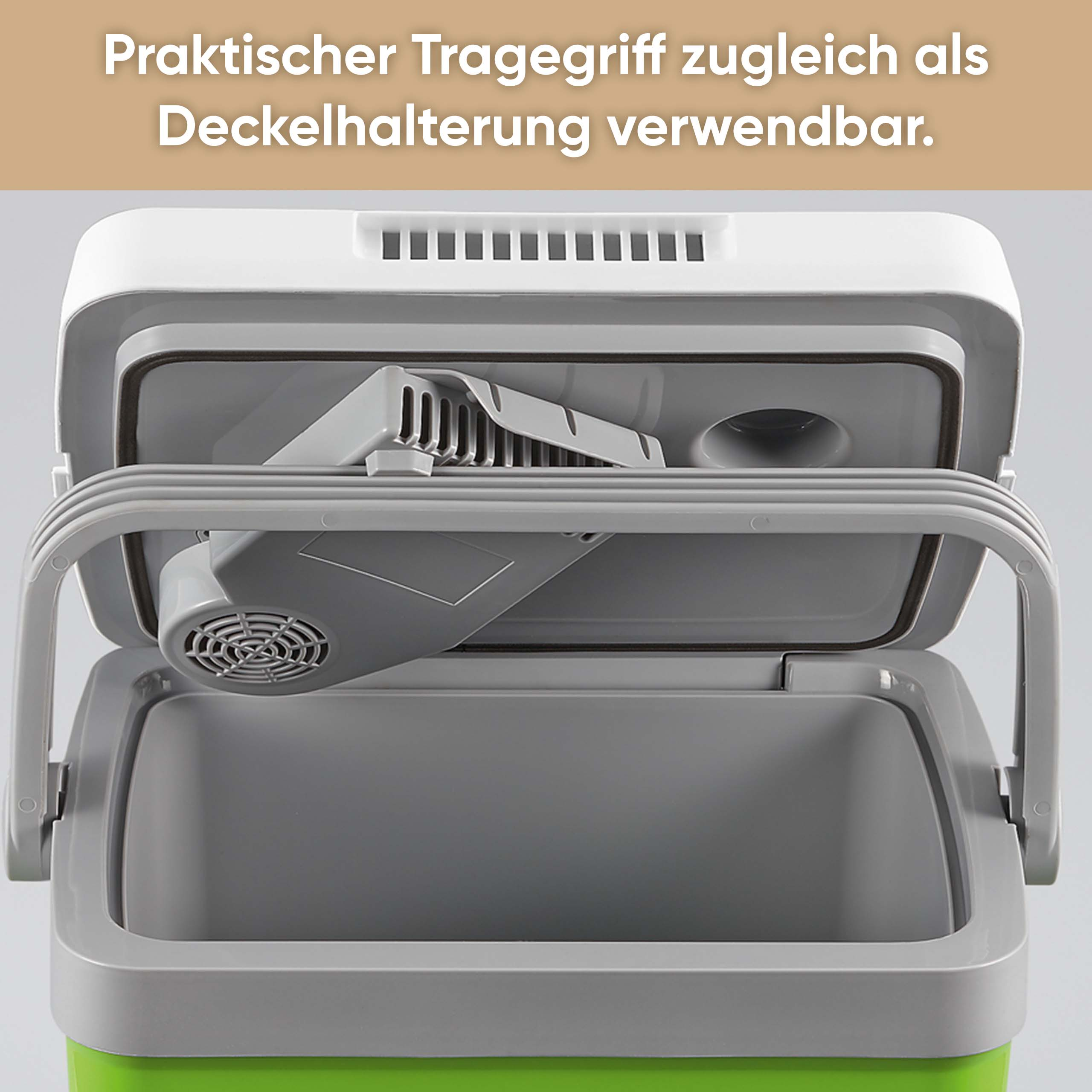 Una borsa frigo verde e bianca aperta con il manico grigio che tiene fermo il coperchio.