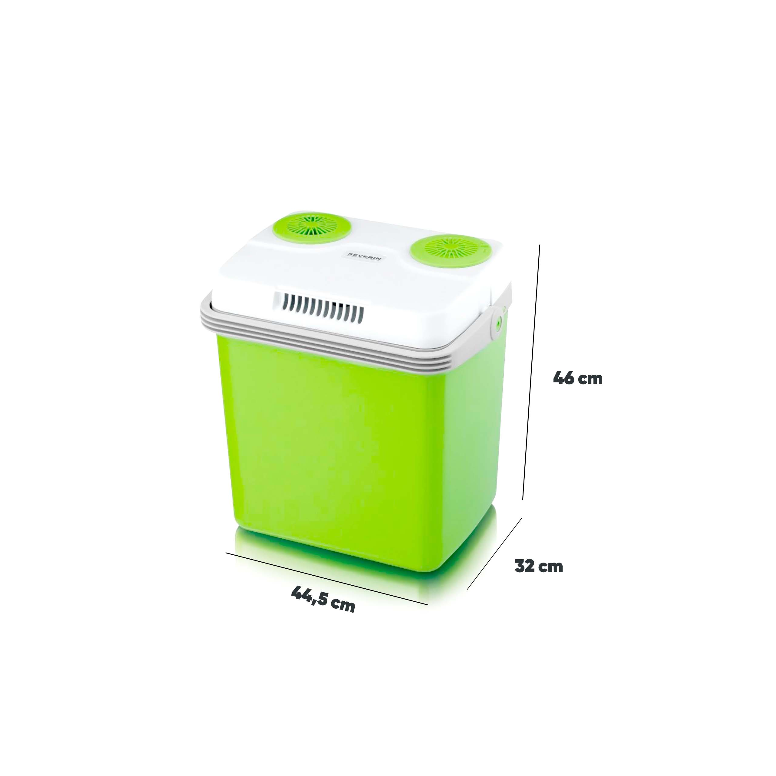 Borsa frigo verde con coperchio bianco e dimensioni 44,5x32x46 cm su sfondo bianco.